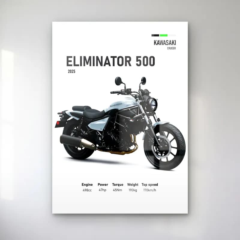 Kawasaki Eliminator 500 2025 cam tablo — Beyaz zeminde siyah gümüş Kawasaki Eliminator 500 2025 ve teknik veriler