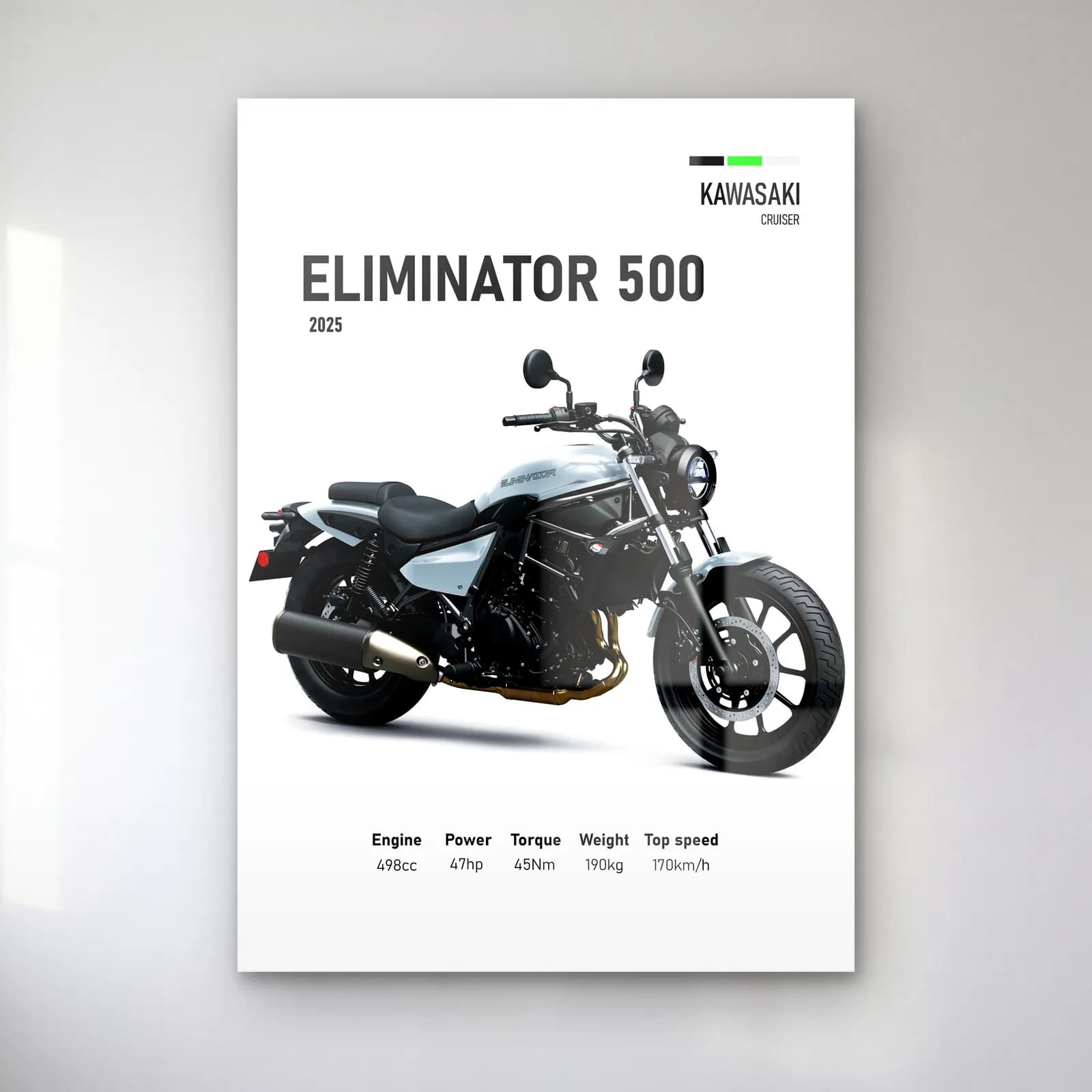 Kawasaki Eliminator 500 2025 cam tablo — Beyaz zeminde siyah gümüş Kawasaki Eliminator 500 2025 ve teknik veriler
