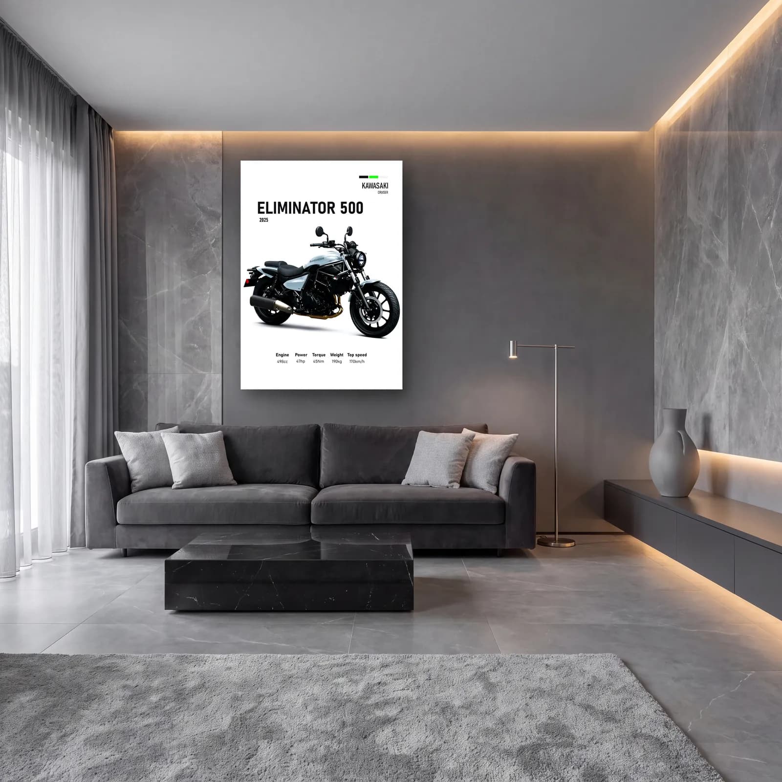 Kawasaki Eliminator 500 2025 cam tablo — lüks salon duvarında