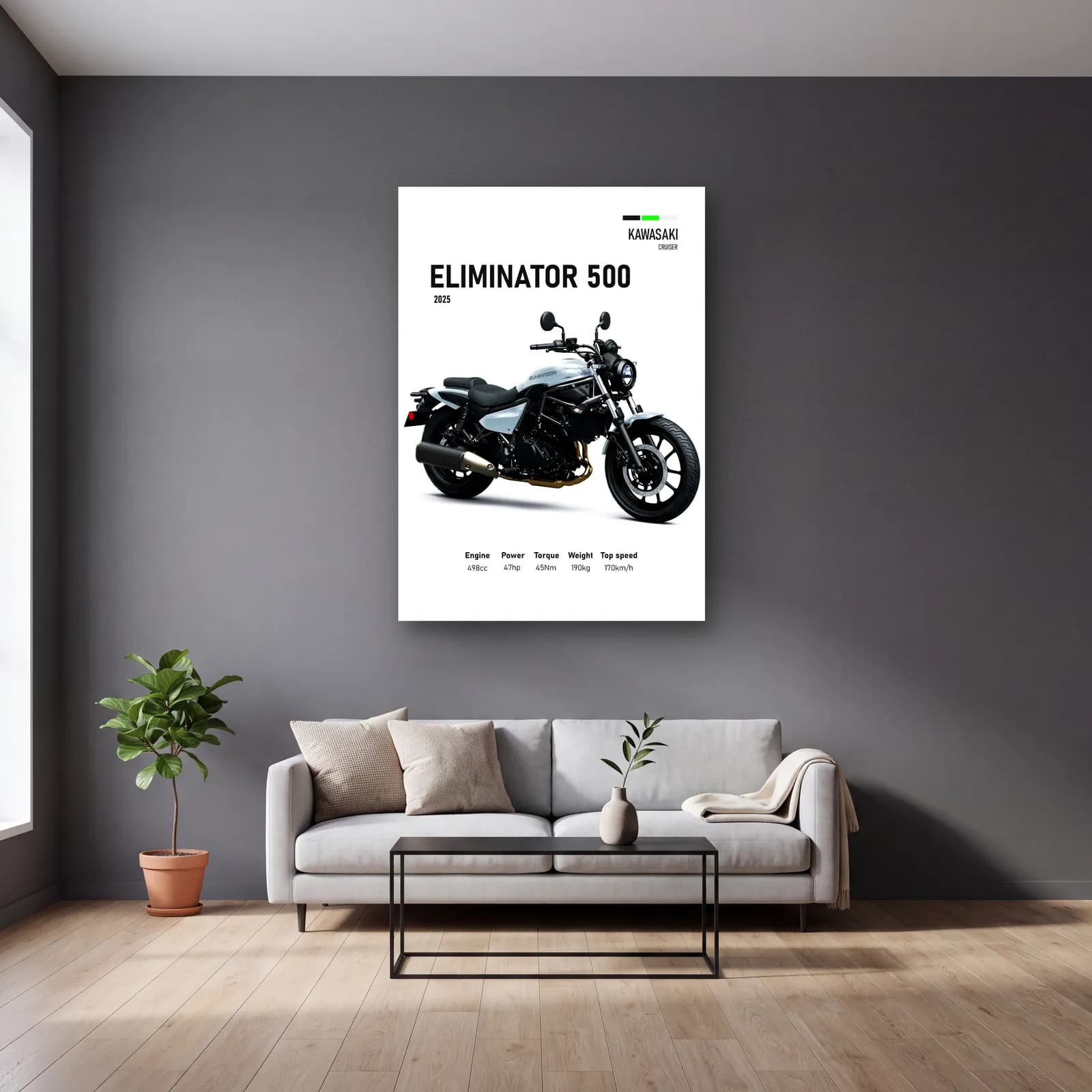 Kawasaki Eliminator 500 2025 cam tablo — gri duvarlı salonda