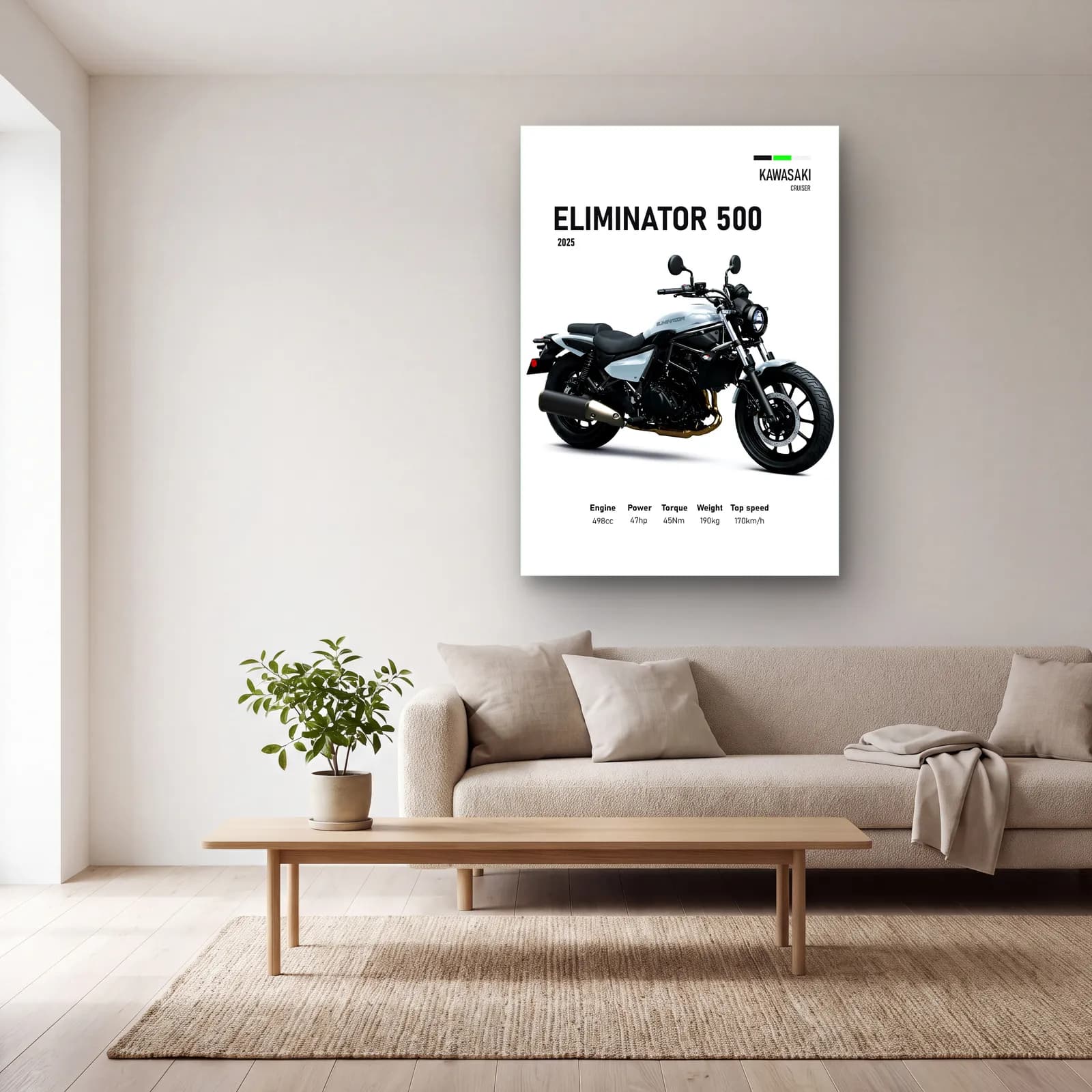 Kawasaki Eliminator 500 2025 cam tablo — açık renk salonda