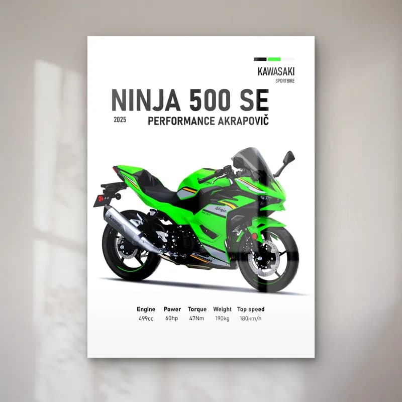 Ninja 500 SE Performance Akrapovič 2025 cam tablo — Beyaz zeminde yeşil siyah Kawasaki Ninja 500 SE Performance Akrapovič 2025 ve teknik veriler