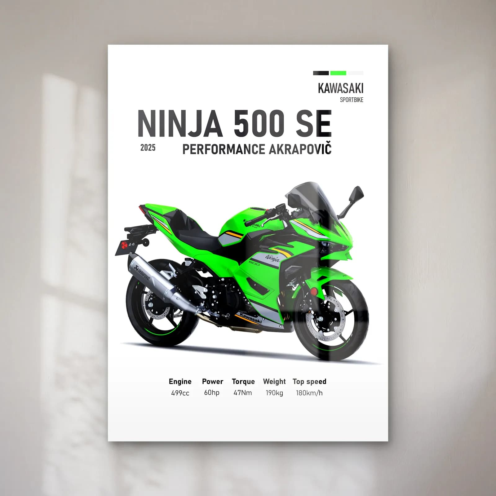 Ninja 500 SE Performance Akrapovič 2025 cam tablo — Beyaz zeminde yeşil siyah Kawasaki Ninja 500 SE Performance Akrapovič 2025 ve teknik veriler