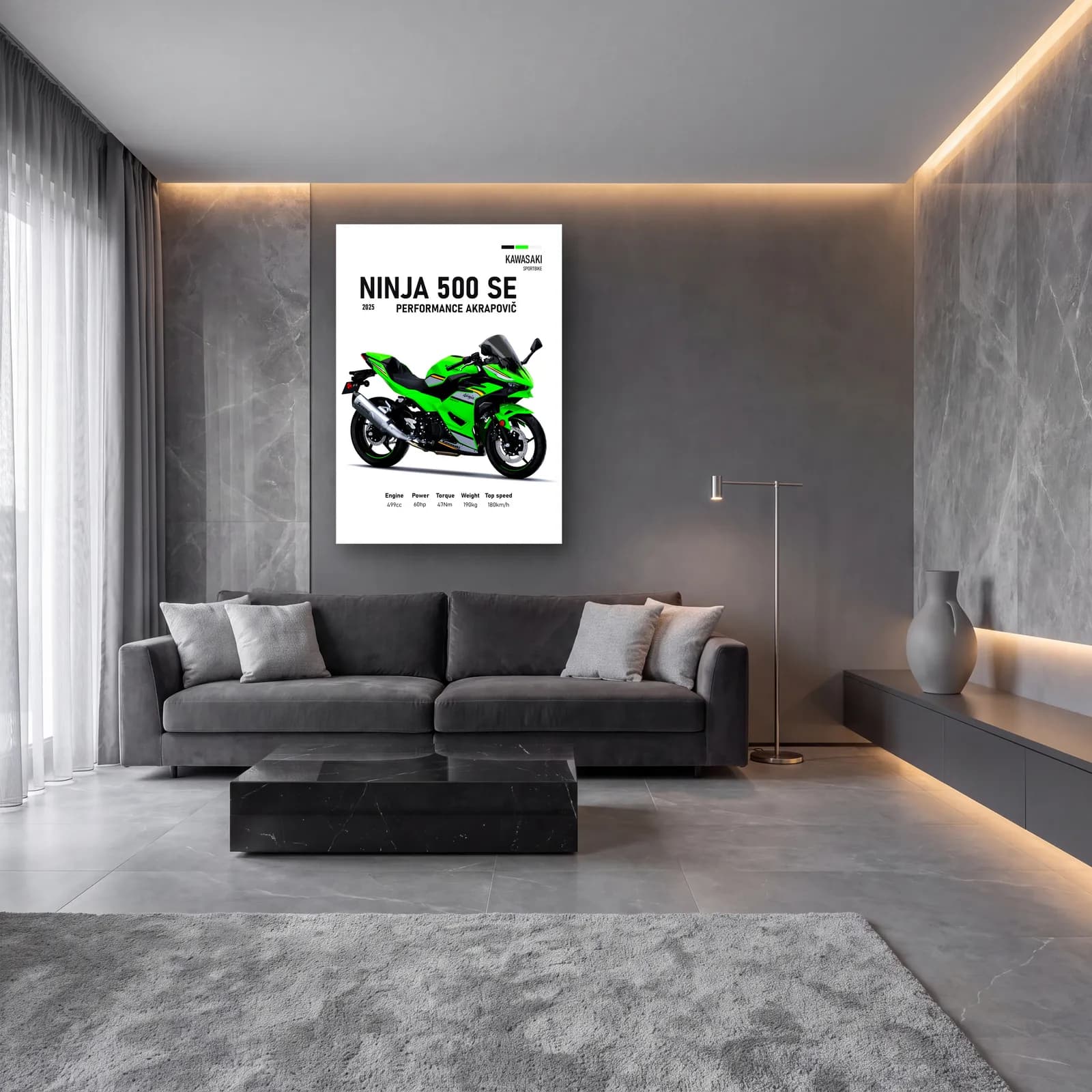 Ninja 500 SE Performance Akrapovič 2025 cam tablo — lüks salon duvarında