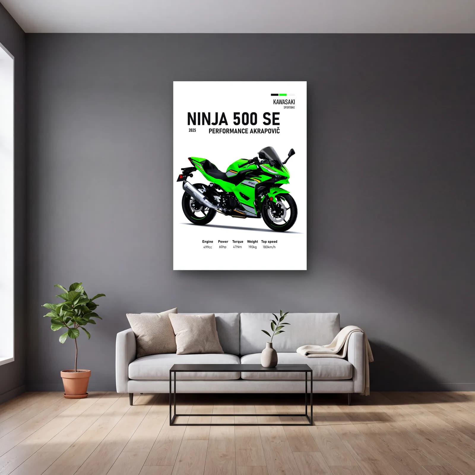 Ninja 500 SE Performance Akrapovič 2025 cam tablo — gri duvarlı salonda