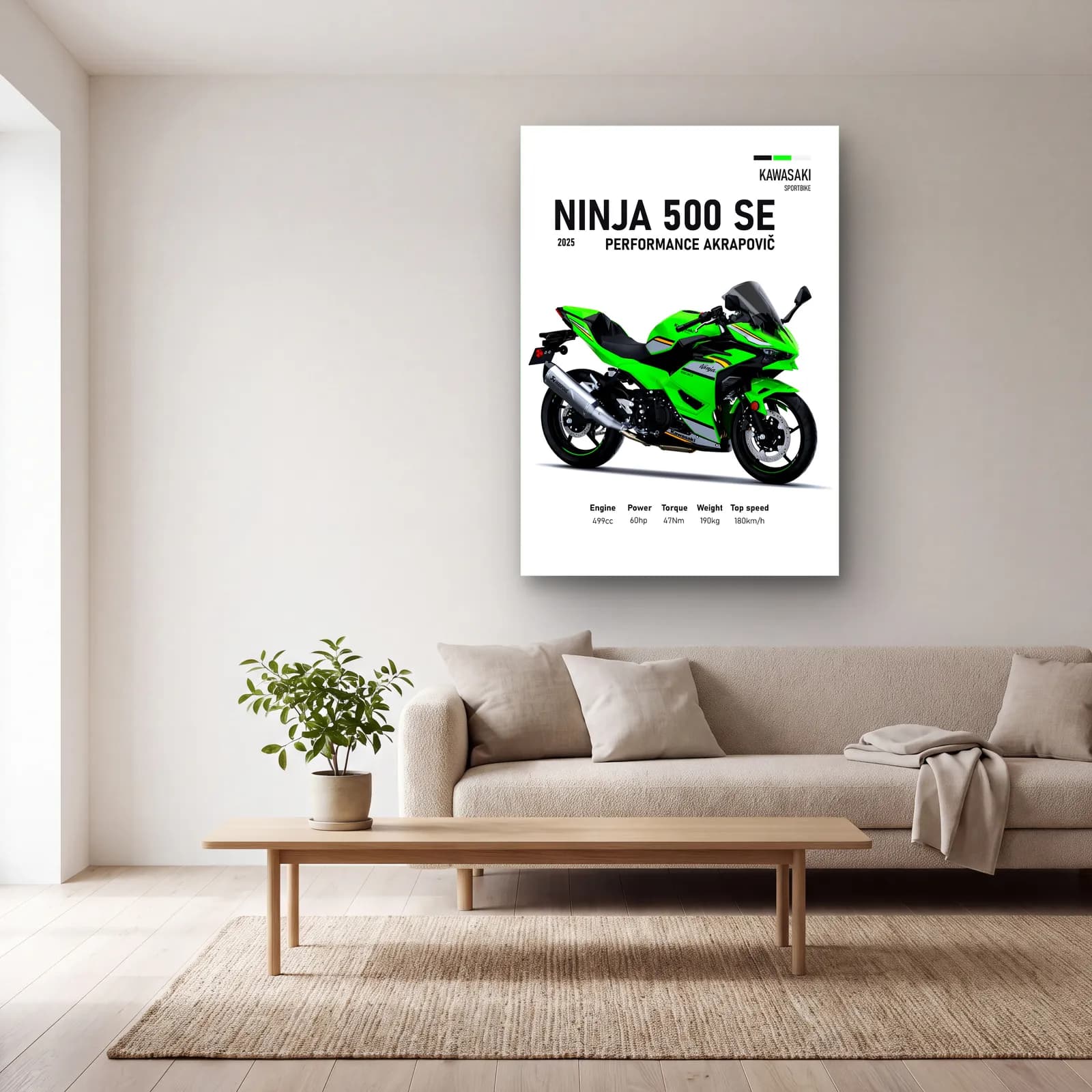 Ninja 500 SE Performance Akrapovič 2025 cam tablo — açık renk salonda