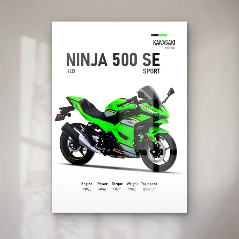 Kawasaki Ninja 500 SE Sport 2025 cam tablo — Beyaz zeminde yeşil siyah Kawasaki Ninja 500 SE Sport 2025 ve teknik veriler