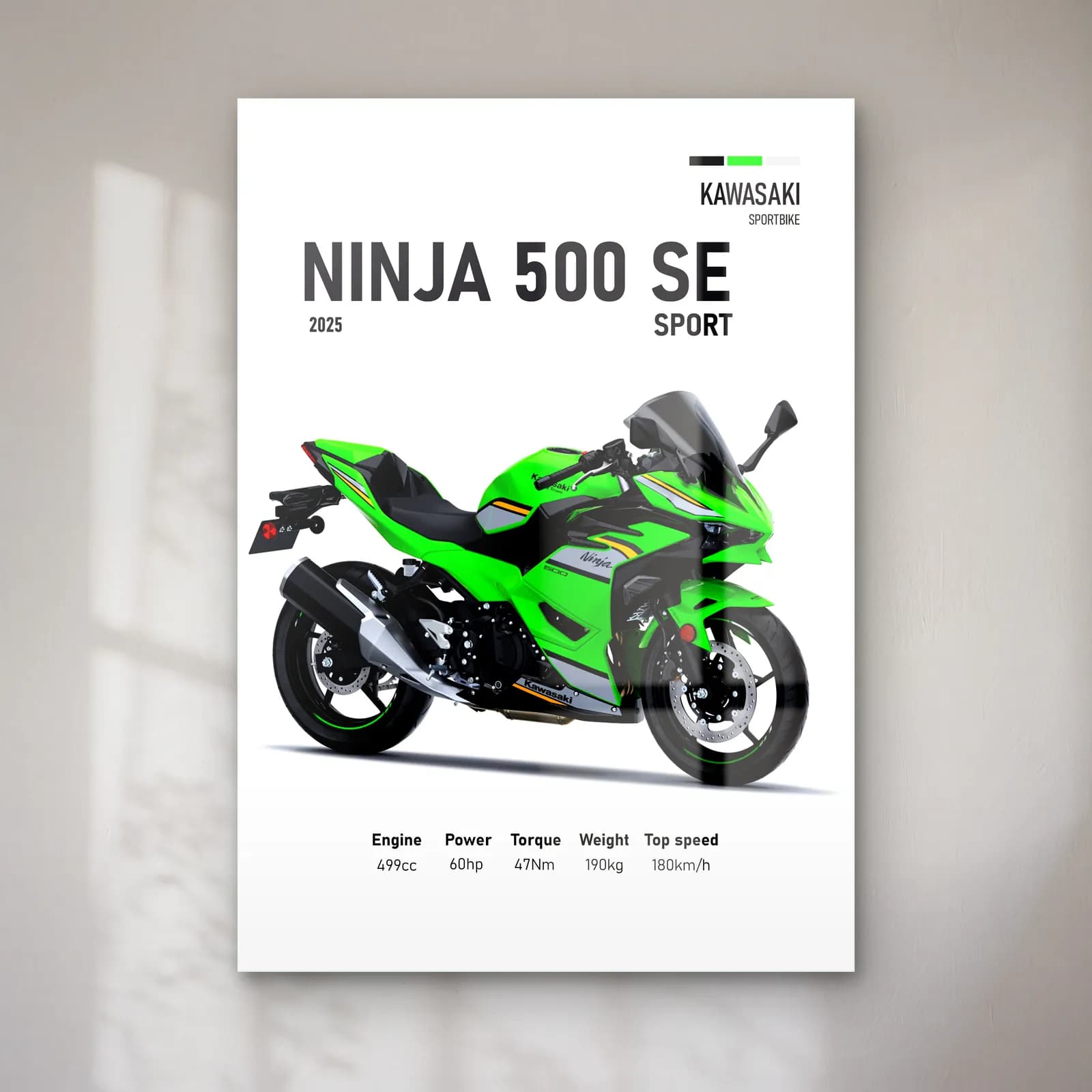 Kawasaki Ninja 500 SE Sport 2025 cam tablo — Beyaz zeminde yeşil siyah Kawasaki Ninja 500 SE Sport 2025 ve teknik veriler