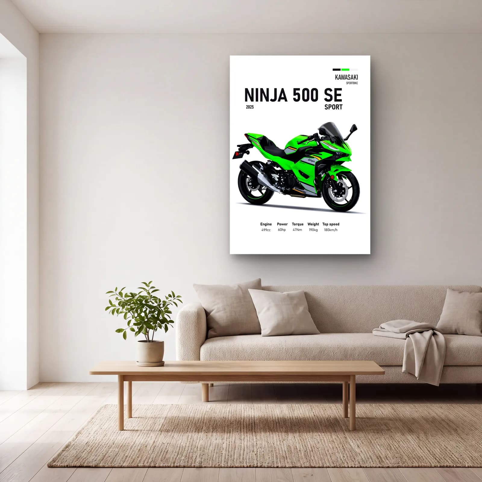 Kawasaki Ninja 500 SE Sport 2025 cam tablo — açık renk salonda