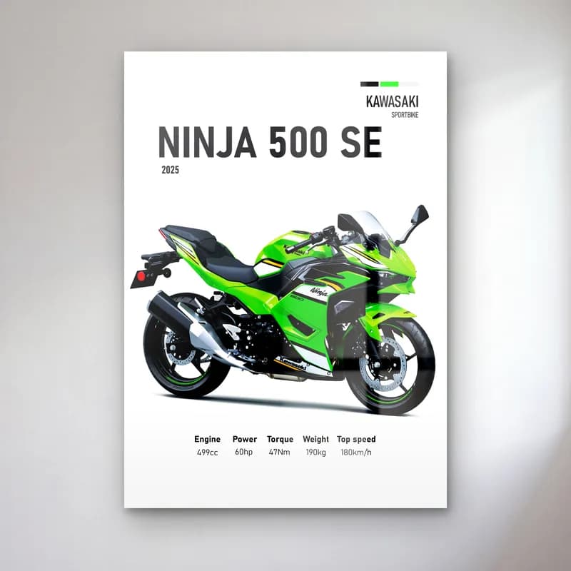 Kawasaki Ninja 500 SE 2025 cam tablo — Beyaz zeminde yeşil siyah Kawasaki Ninja 500 SE 2025 ve teknik veriler
