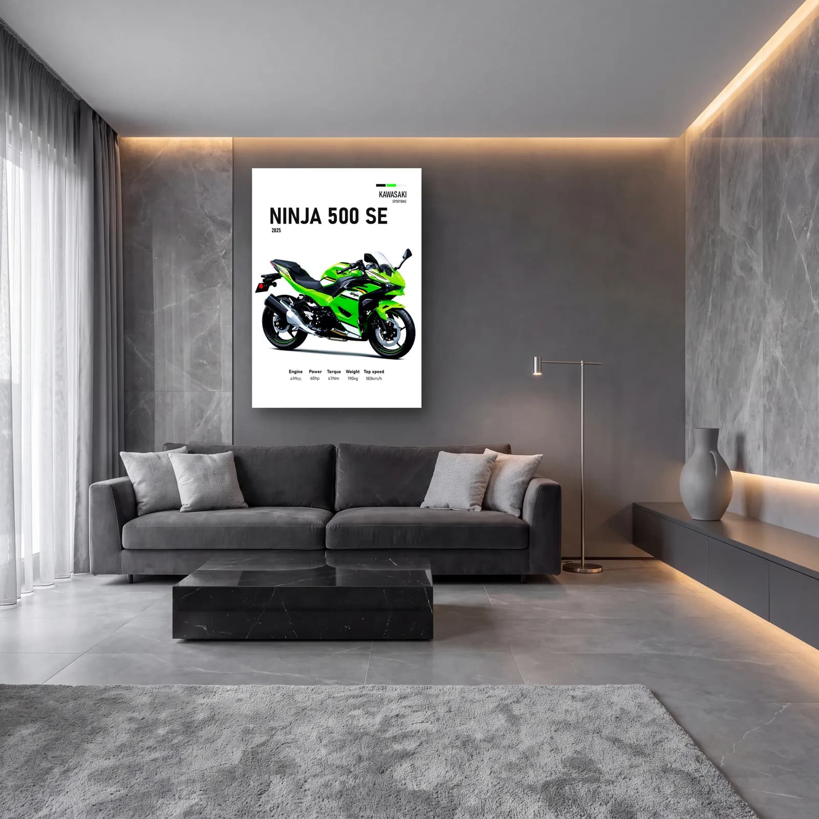 Kawasaki Ninja 500 SE 2025 cam tablo — lüks salon duvarında