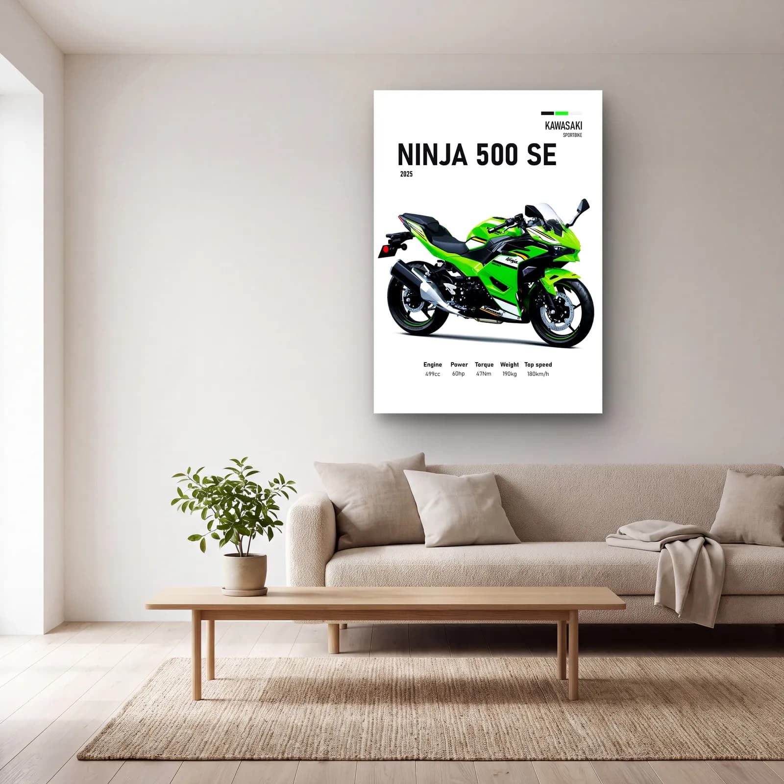 Kawasaki Ninja 500 SE 2025 cam tablo — açık renk salonda