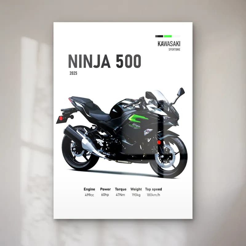 Kawasaki Ninja 500 2025 cam tablo — Beyaz zeminde siyah gri Kawasaki Ninja 500 2025 ve teknik veriler