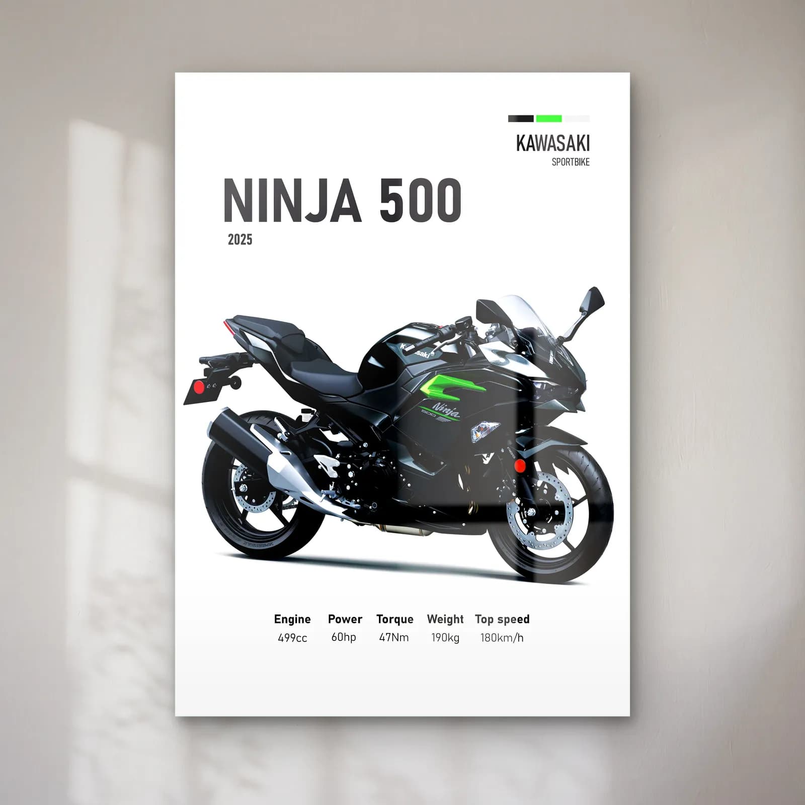 Kawasaki Ninja 500 2025 cam tablo — Beyaz zeminde siyah gri Kawasaki Ninja 500 2025 ve teknik veriler