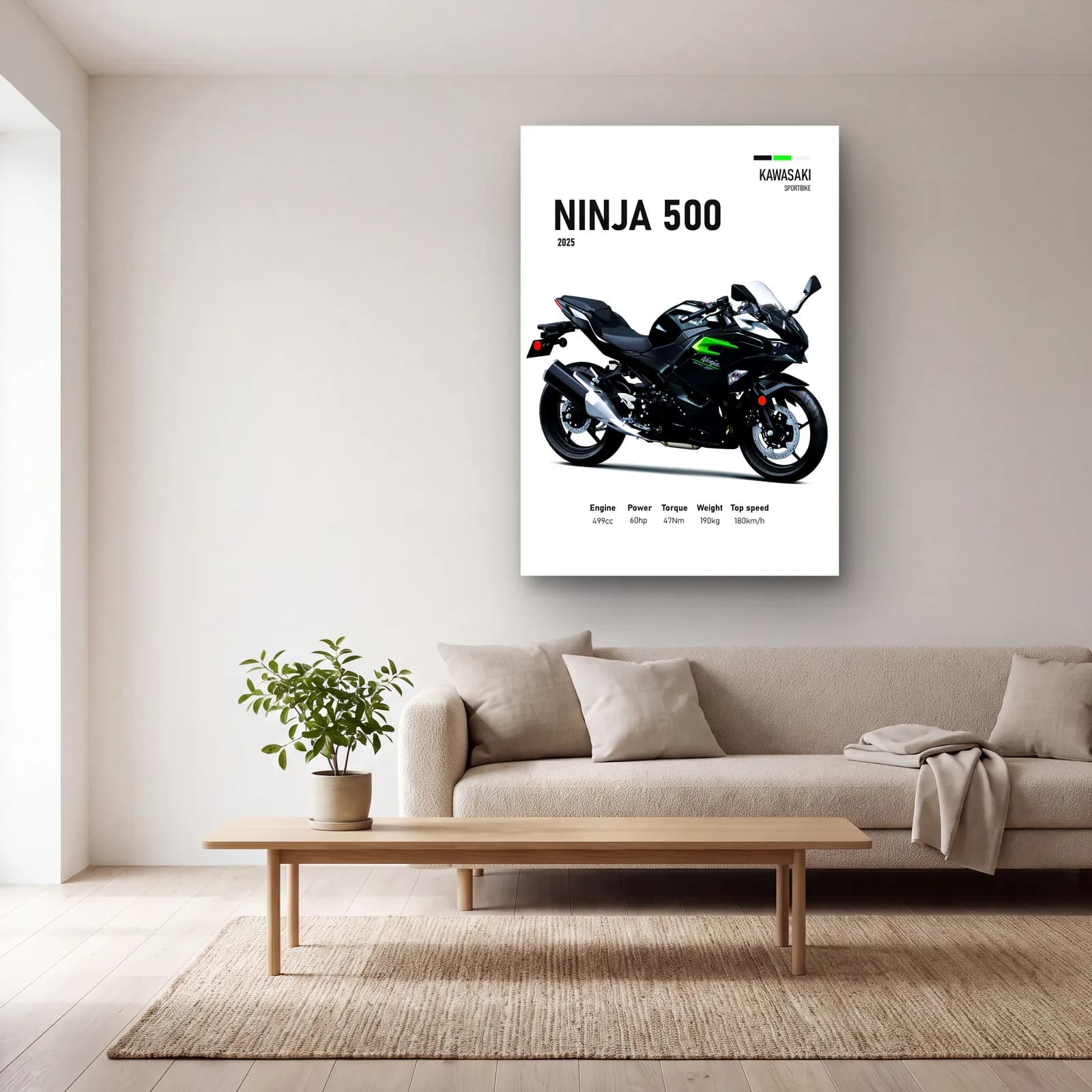 Kawasaki Ninja 500 2025 cam tablo — açık renk salonda