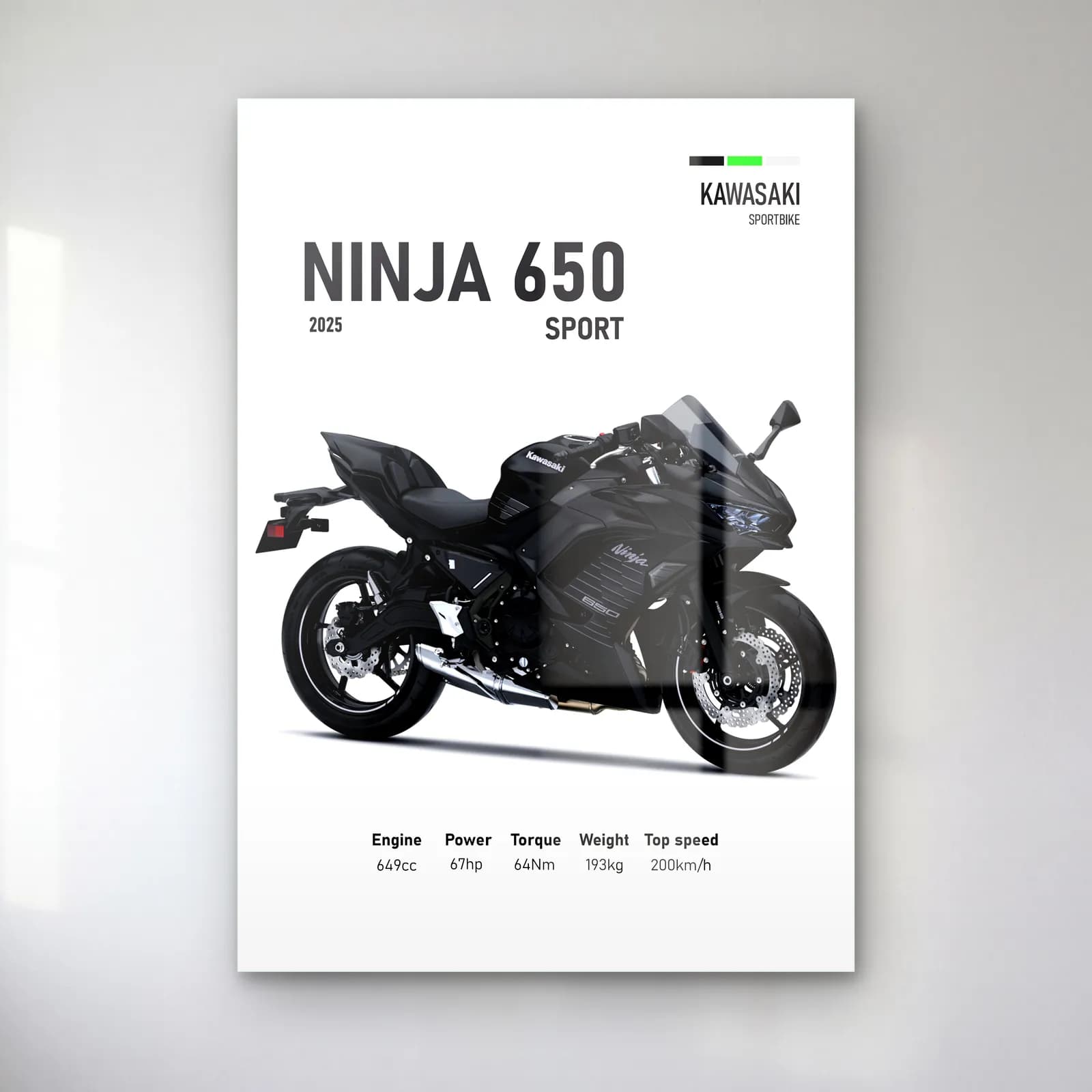 Kawasaki Ninja 650 Sport 2025 cam tablo — Beyaz zeminde siyah gri Kawasaki Ninja 650 Sport 2025 ve teknik veriler