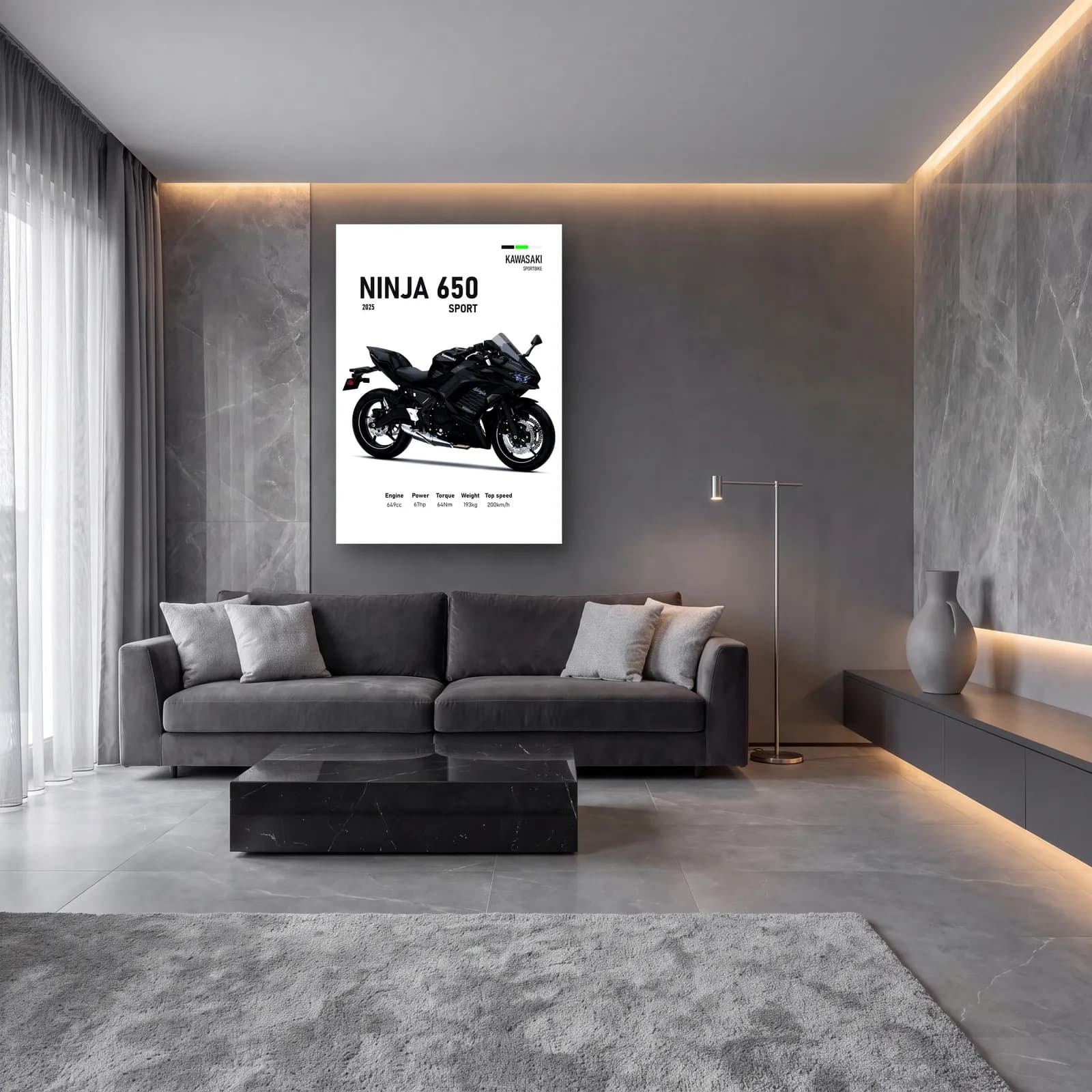 Kawasaki Ninja 650 Sport 2025 cam tablo — lüks salon duvarında