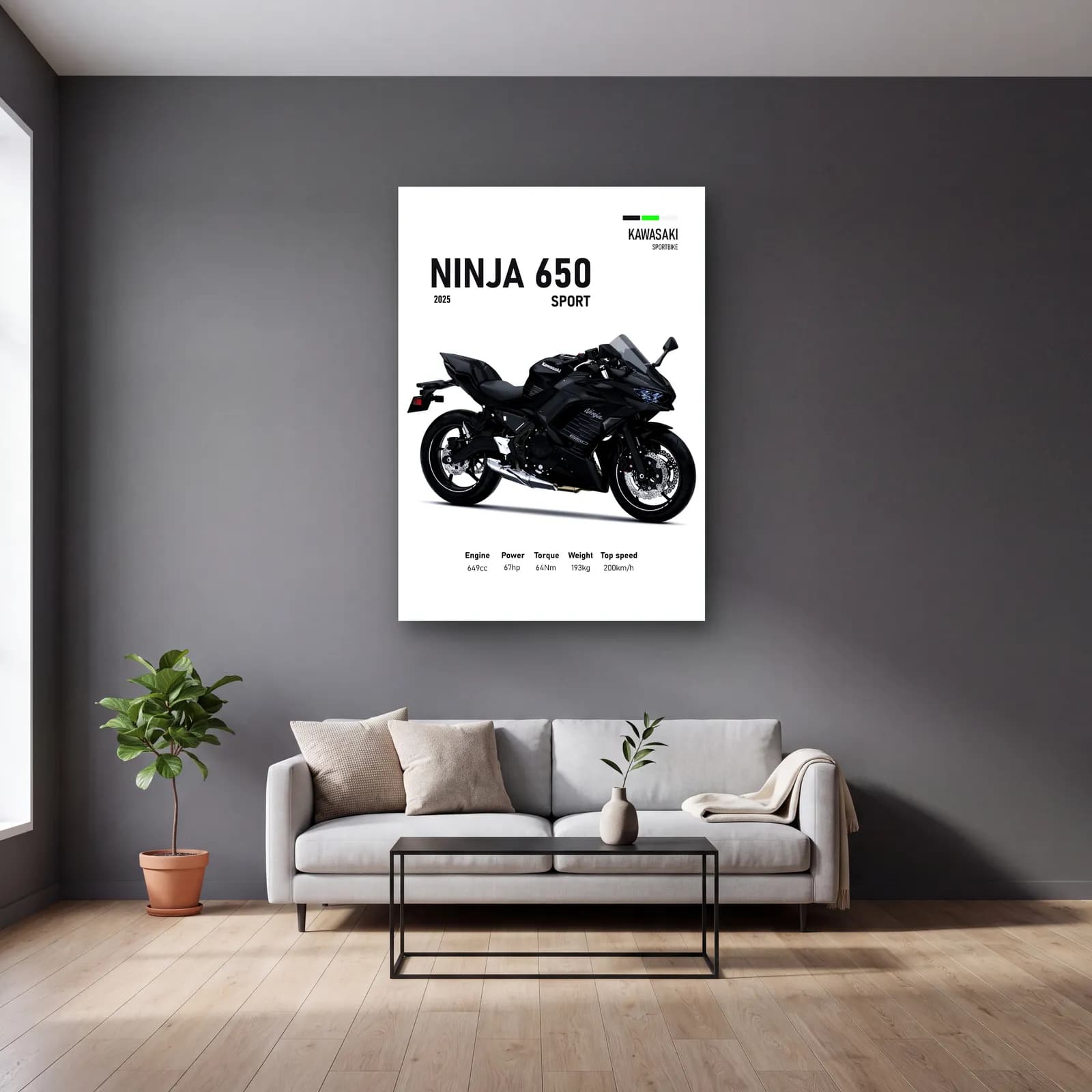 Kawasaki Ninja 650 Sport 2025 cam tablo — gri duvarlı salonda