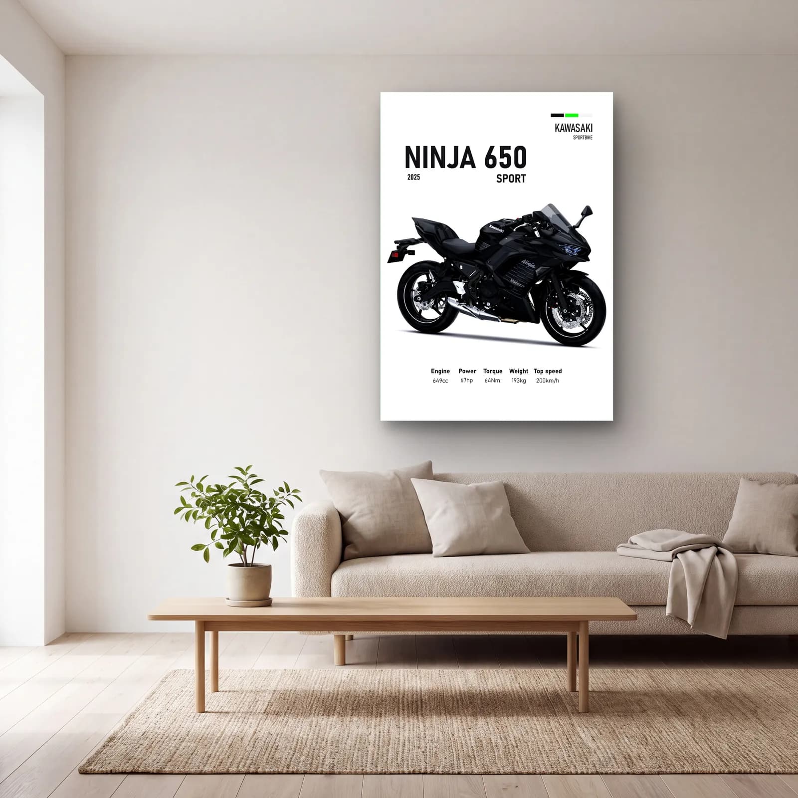 Kawasaki Ninja 650 Sport 2025 cam tablo — açık renk salonda