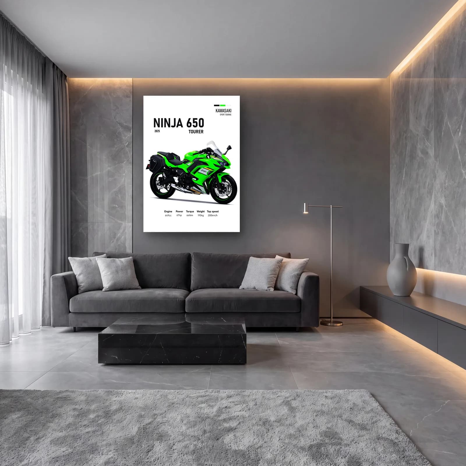 Kawasaki Ninja 650 Tourer 2025 cam tablo — lüks salon duvarında