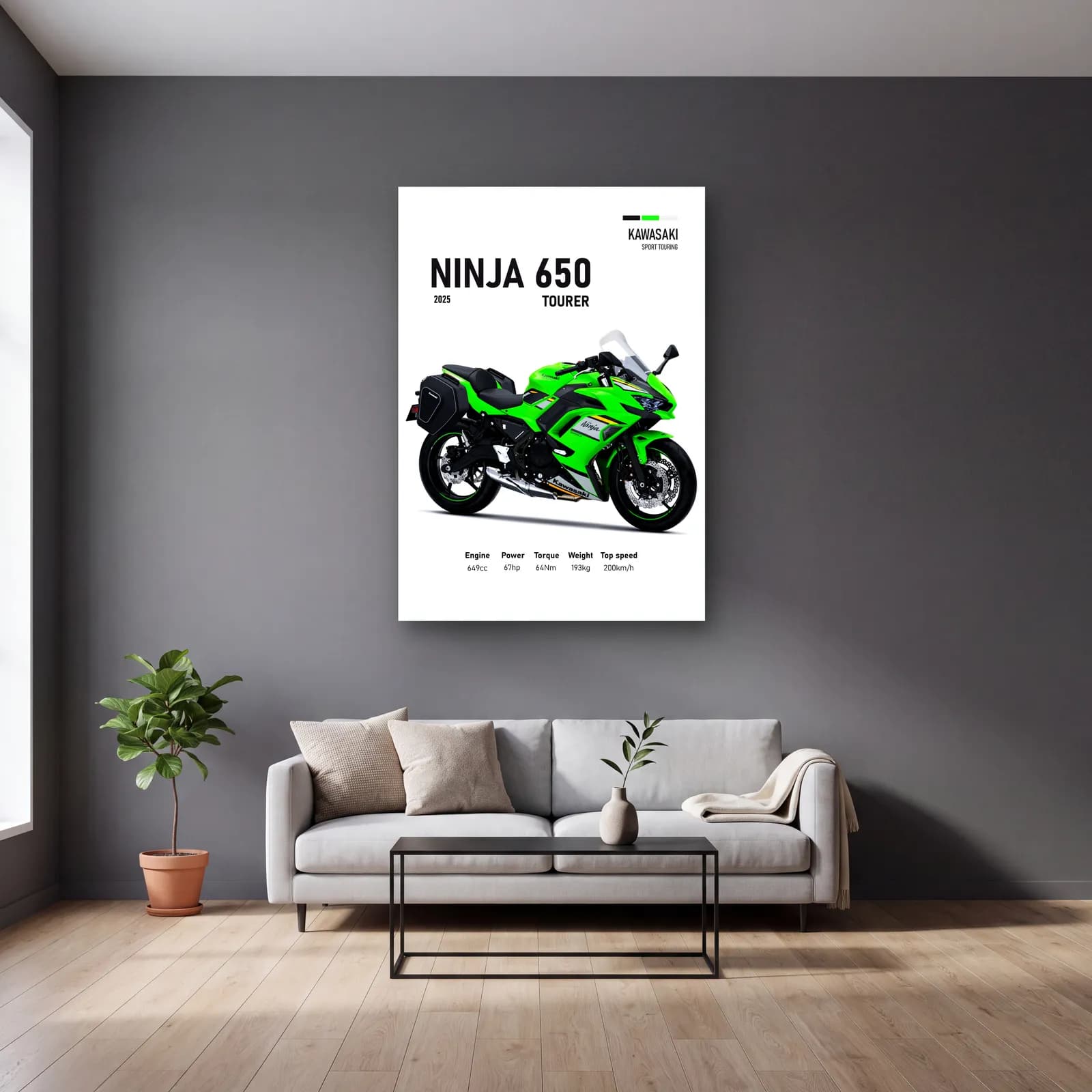 Kawasaki Ninja 650 Tourer 2025 cam tablo — gri duvarlı salonda