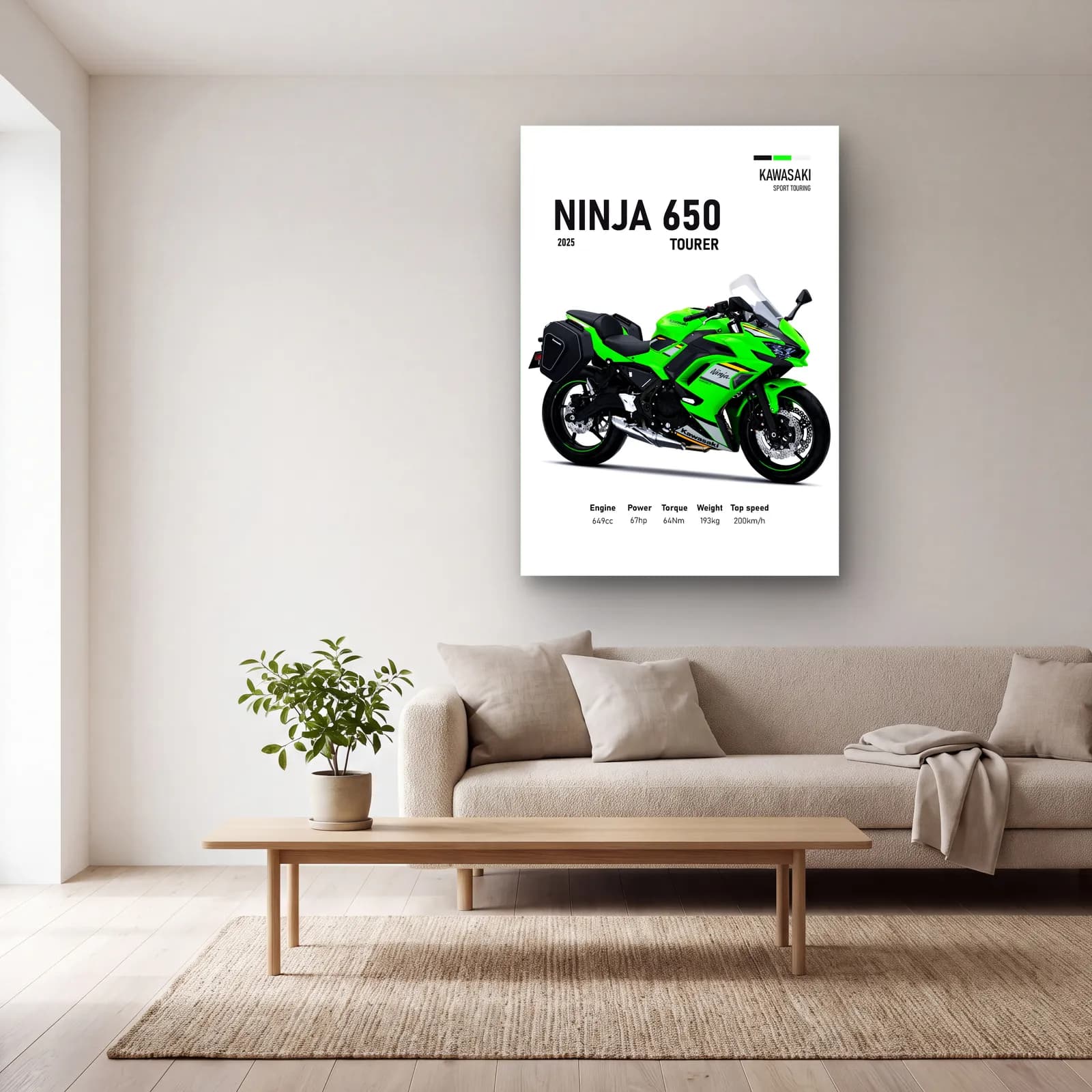 Kawasaki Ninja 650 Tourer 2025 cam tablo — açık renk salonda