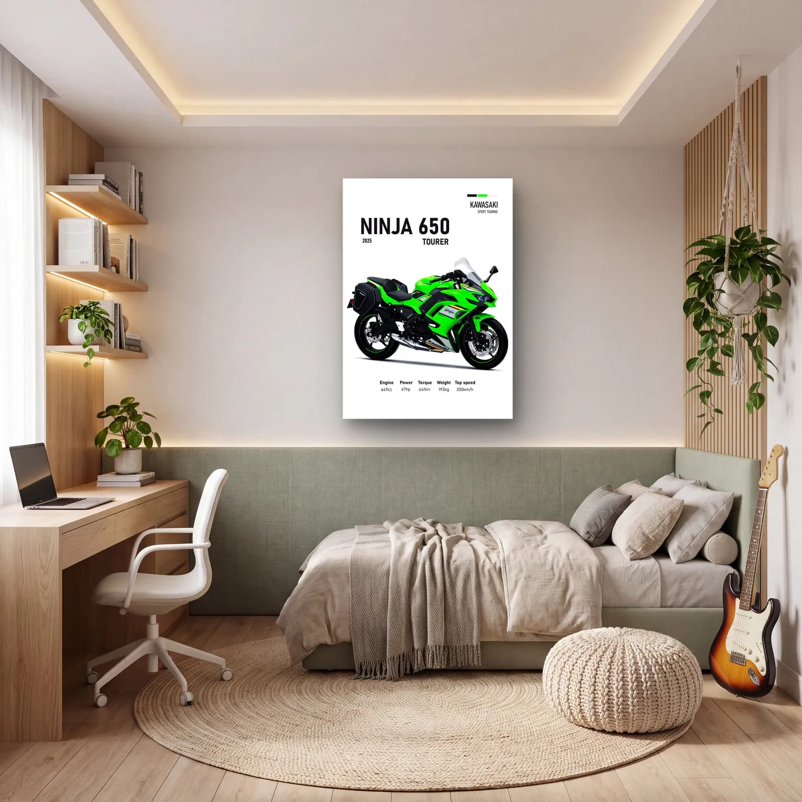 Kawasaki Ninja 650 Tourer 2025 cam tablo — genç odasında