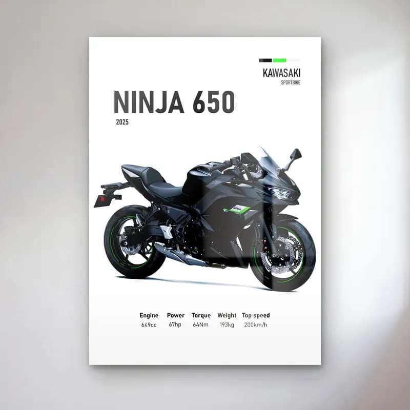 Kawasaki Ninja 650 2025 cam tablo — Beyaz zeminde siyah gri Kawasaki Ninja 650 2025 ve teknik veriler