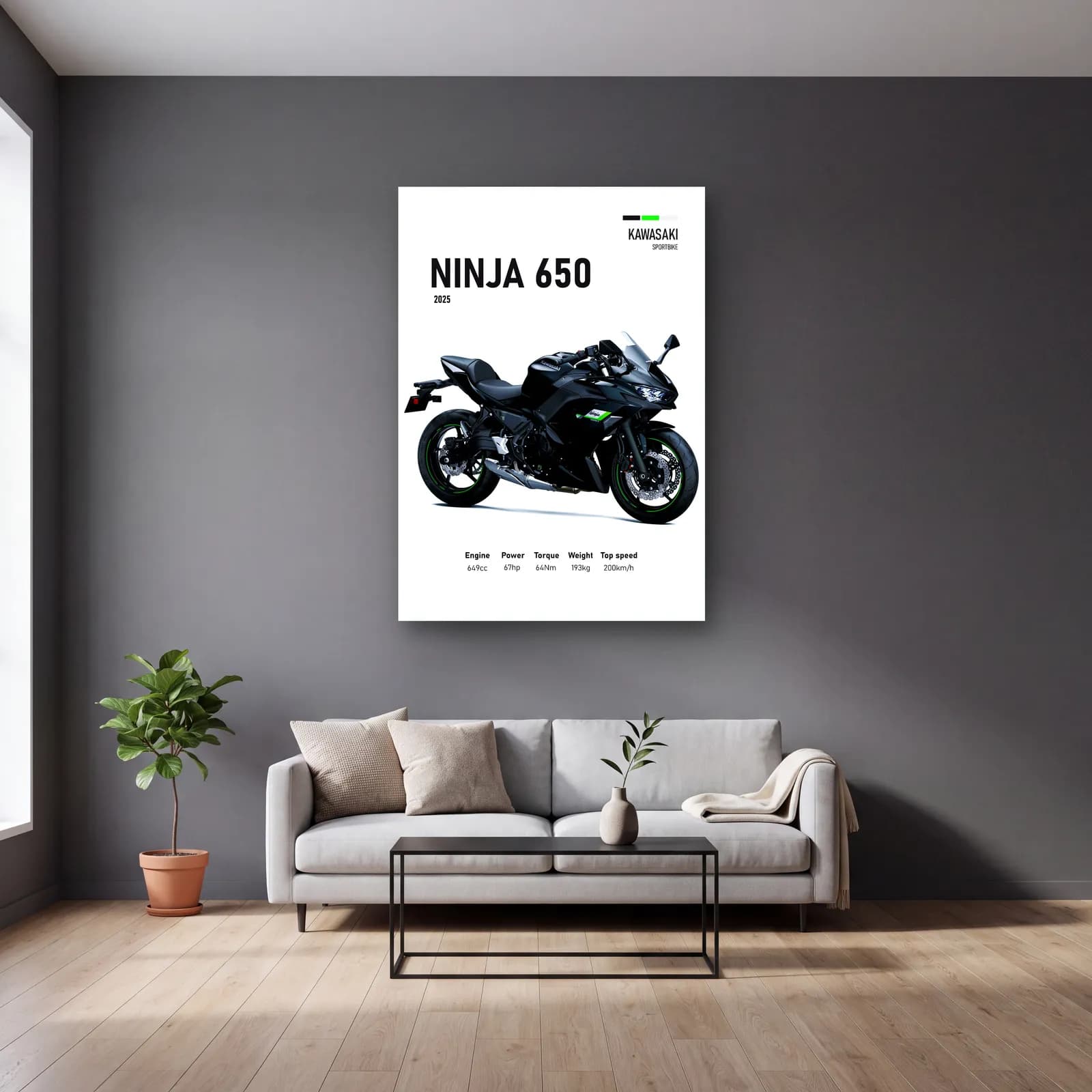 Kawasaki Ninja 650 2025 cam tablo — gri duvarlı salonda