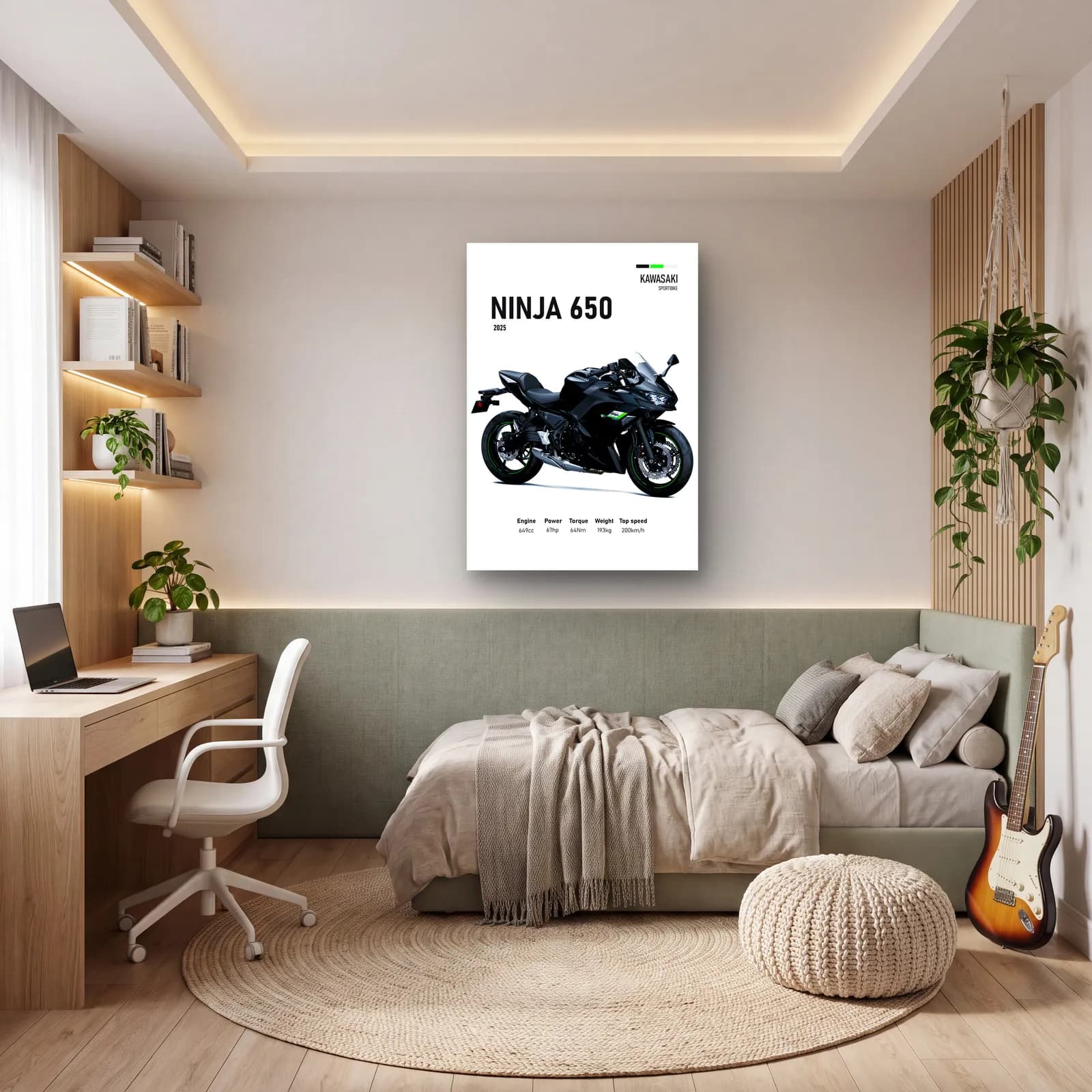 Kawasaki Ninja 650 2025 cam tablo — genç odasında