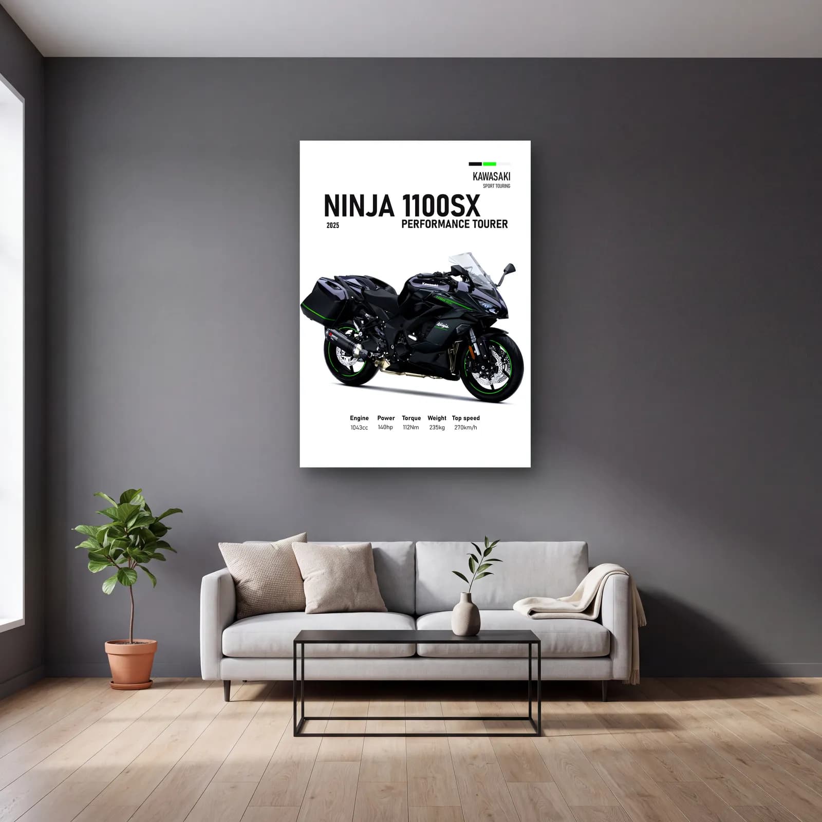 Kawasaki Ninja 1100SX Performance Tourer 2025 cam tablo — gri duvarlı salonda