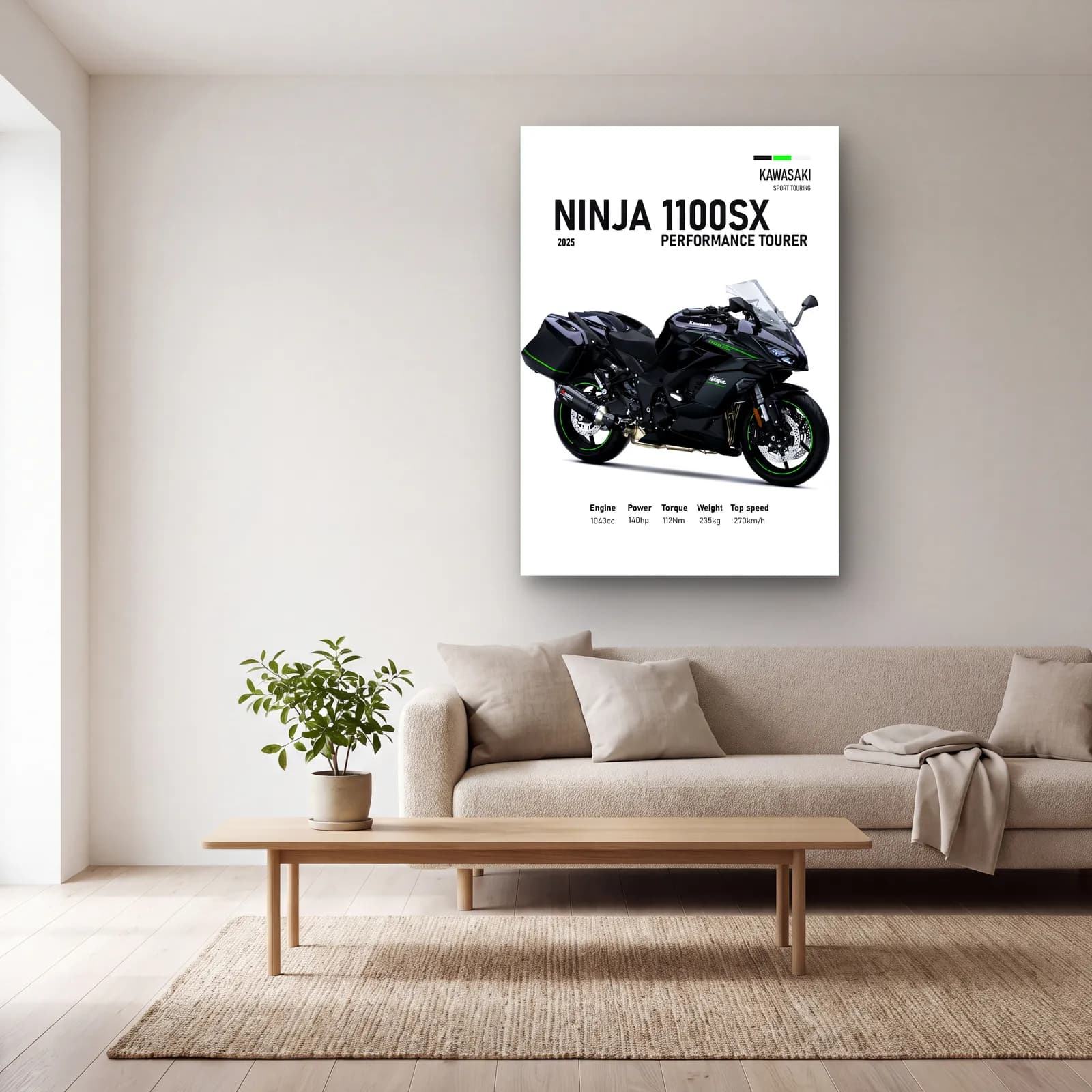 Kawasaki Ninja 1100SX Performance Tourer 2025 cam tablo — açık renk salonda