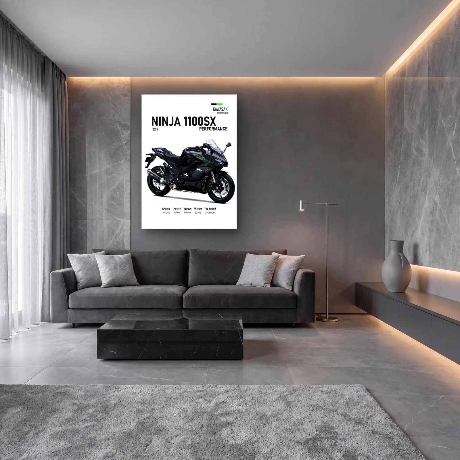 Kawasaki Ninja 1100SX Performance 2025 cam tablo — lüks salon duvarında