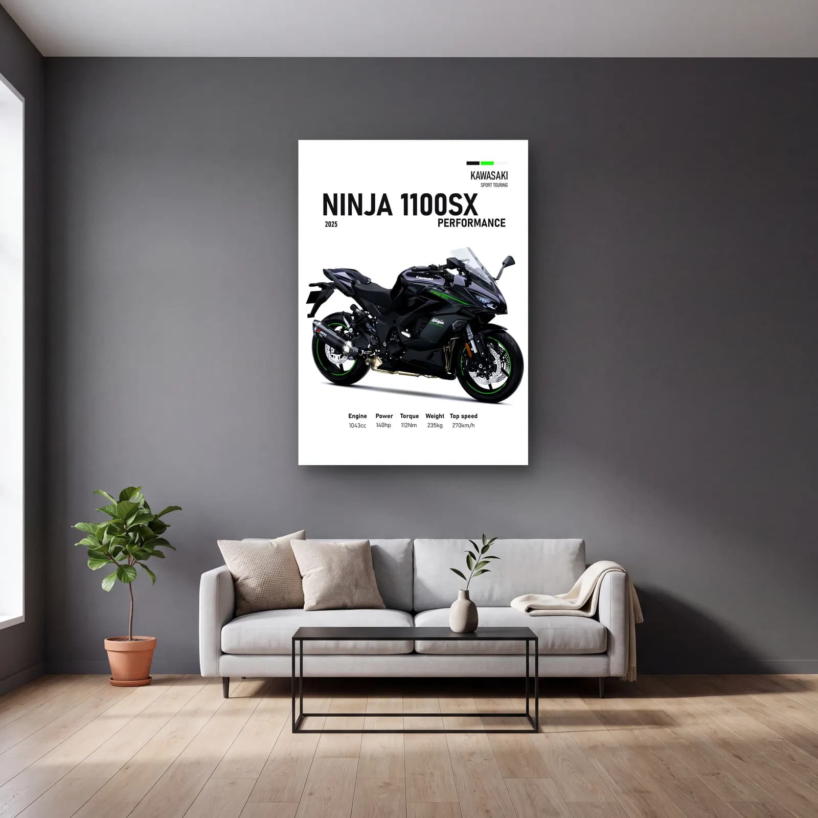 Kawasaki Ninja 1100SX Performance 2025 cam tablo — gri duvarlı salonda