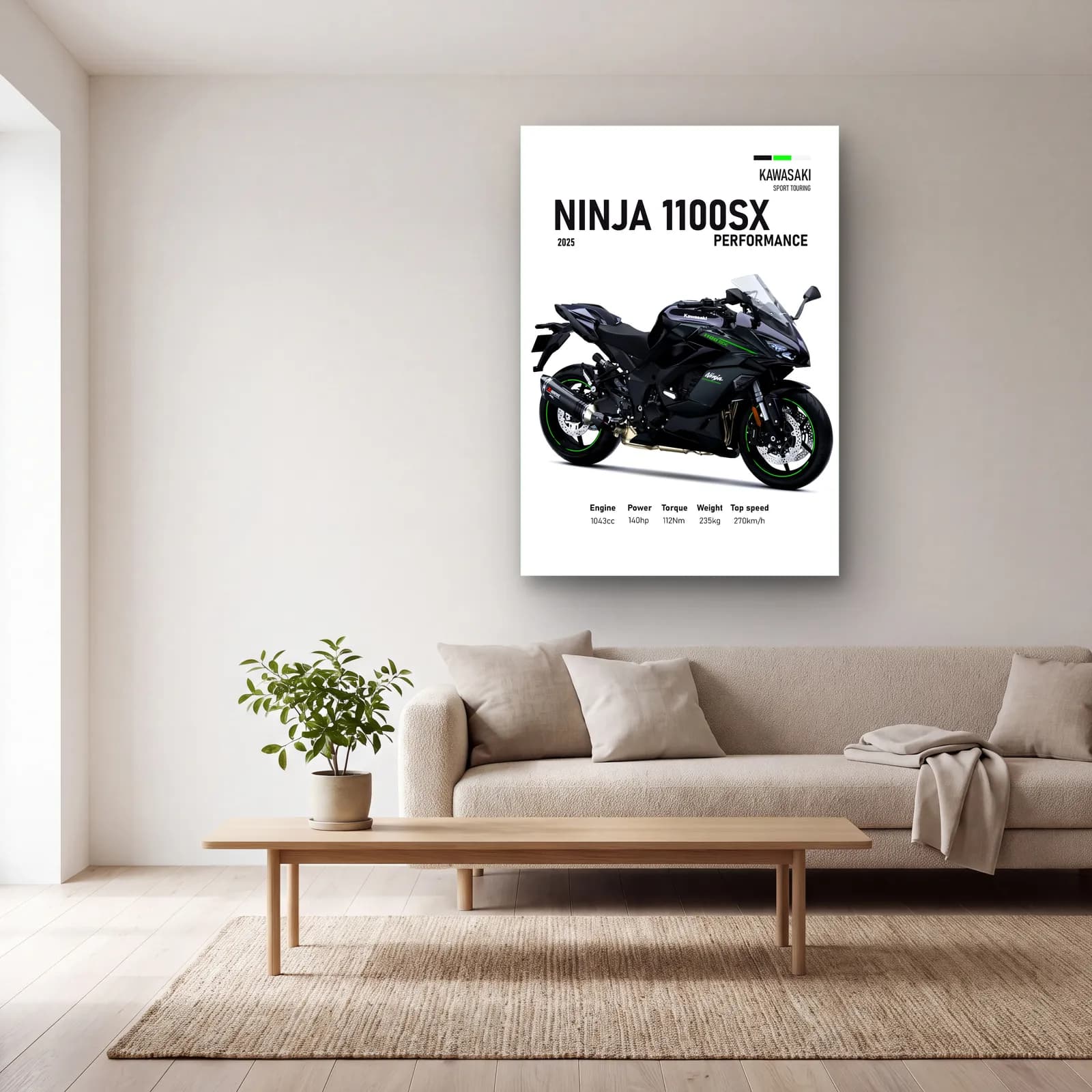 Kawasaki Ninja 1100SX Performance 2025 cam tablo — açık renk salonda