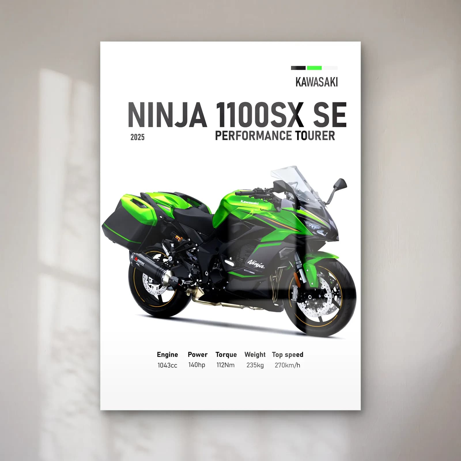 Ninja 1100SX SE Performance Tourer 2025 cam tablo — Beyaz zeminde yeşil siyah Kawasaki Ninja 1100SX SE Performance Tourer 2025 ve teknik veriler
