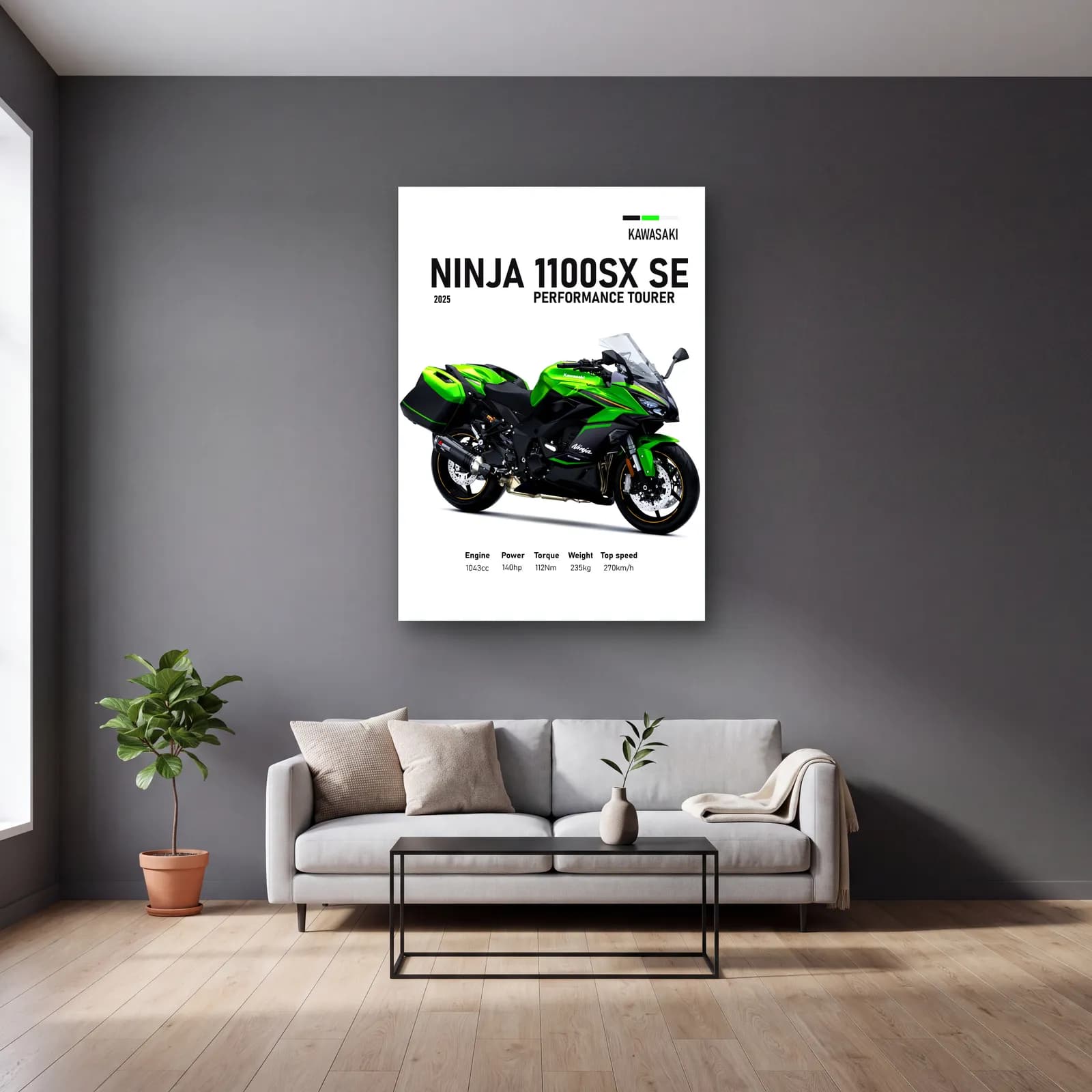 Ninja 1100SX SE Performance Tourer 2025 cam tablo — gri duvarlı salonda