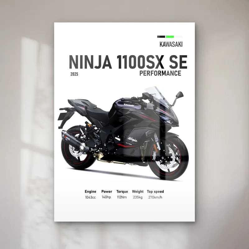 Kawasaki Ninja 1100SX SE Performance 2025 cam tablo — Beyaz zeminde siyah gri Kawasaki Ninja 1100SX SE Performance 2025 ve teknik veriler