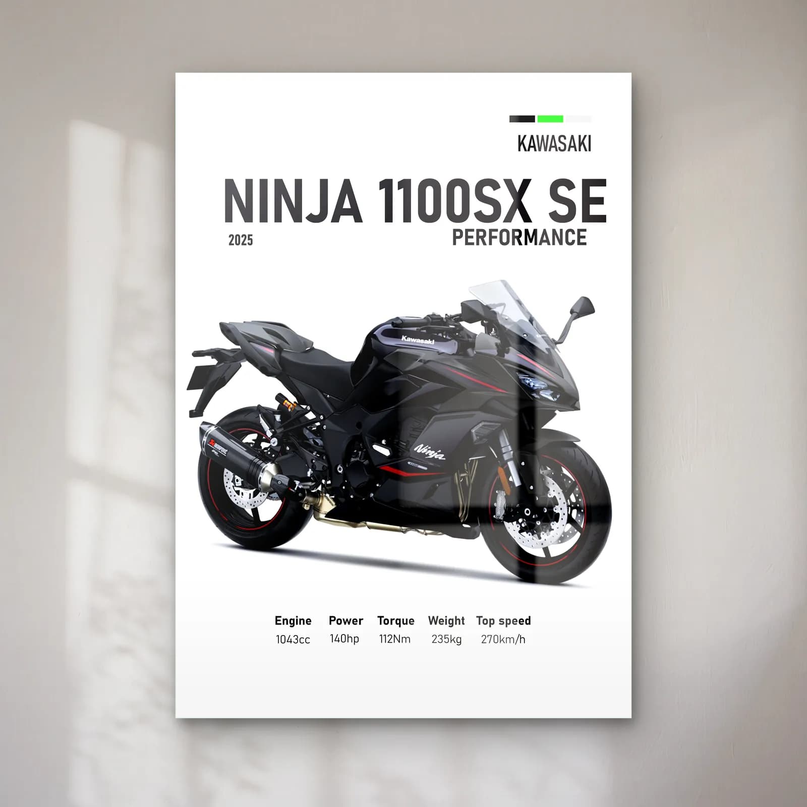 Kawasaki Ninja 1100SX SE Performance 2025 cam tablo — Beyaz zeminde siyah gri Kawasaki Ninja 1100SX SE Performance 2025 ve teknik veriler
