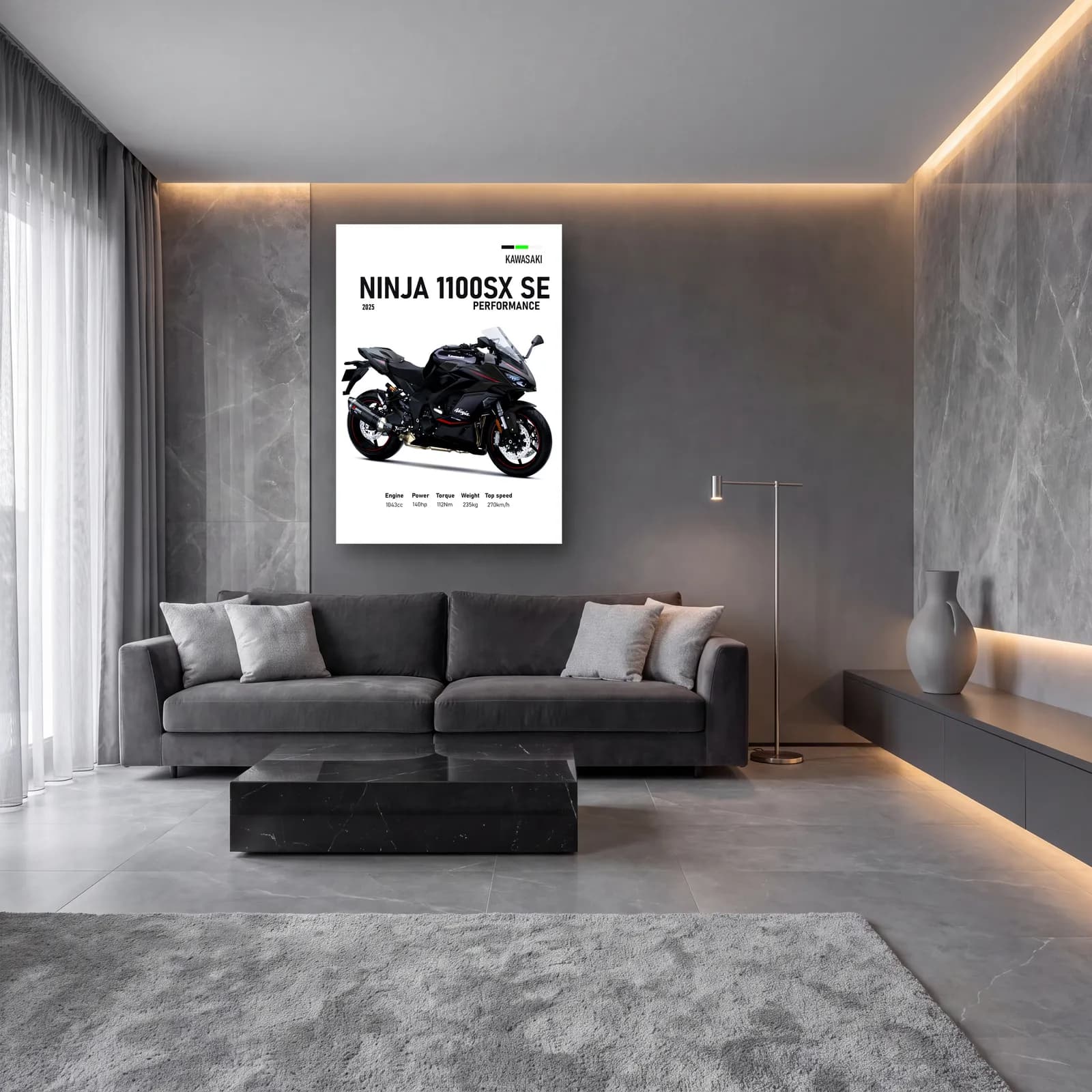 Kawasaki Ninja 1100SX SE Performance 2025 cam tablo — lüks salon duvarında