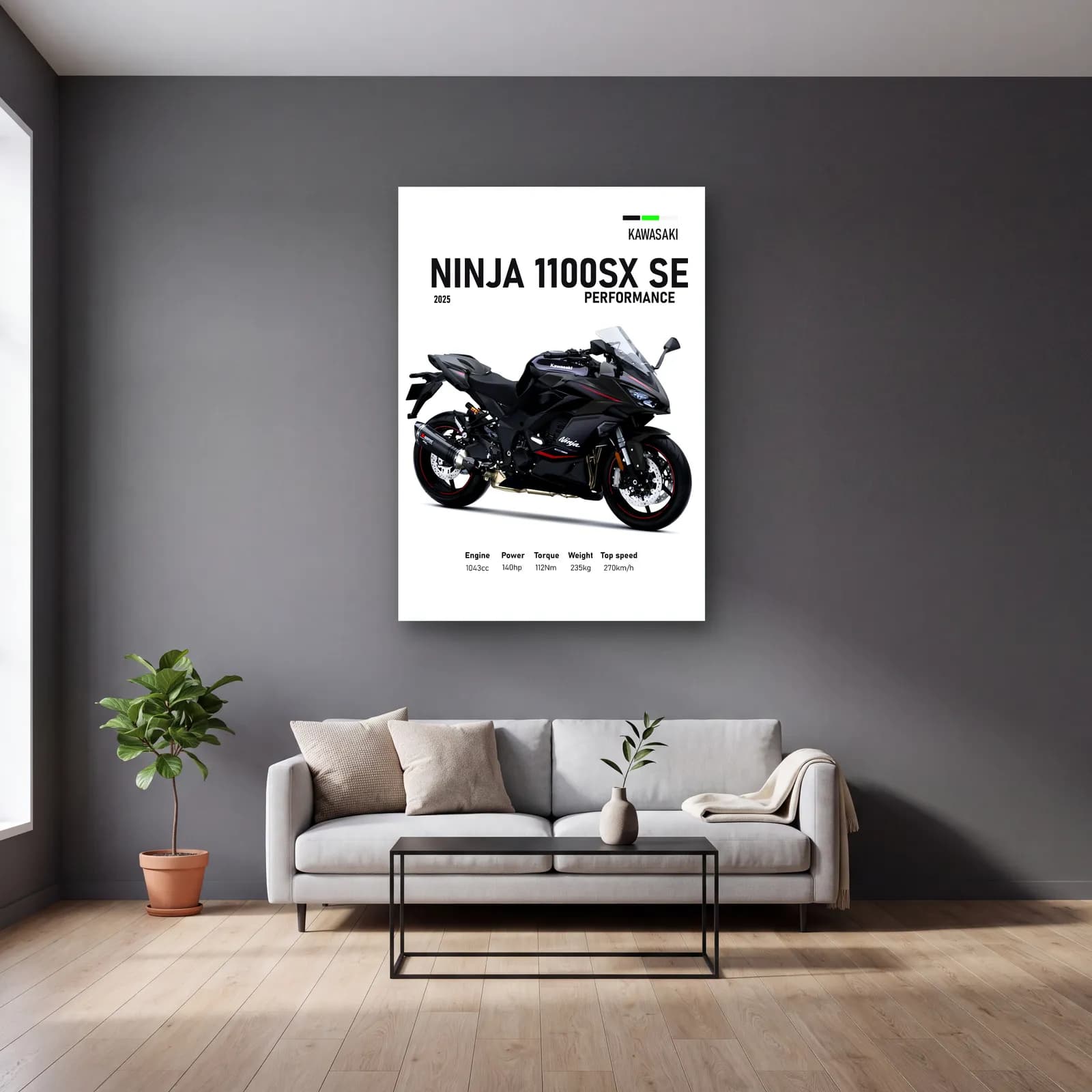 Kawasaki Ninja 1100SX SE Performance 2025 cam tablo — gri duvarlı salonda