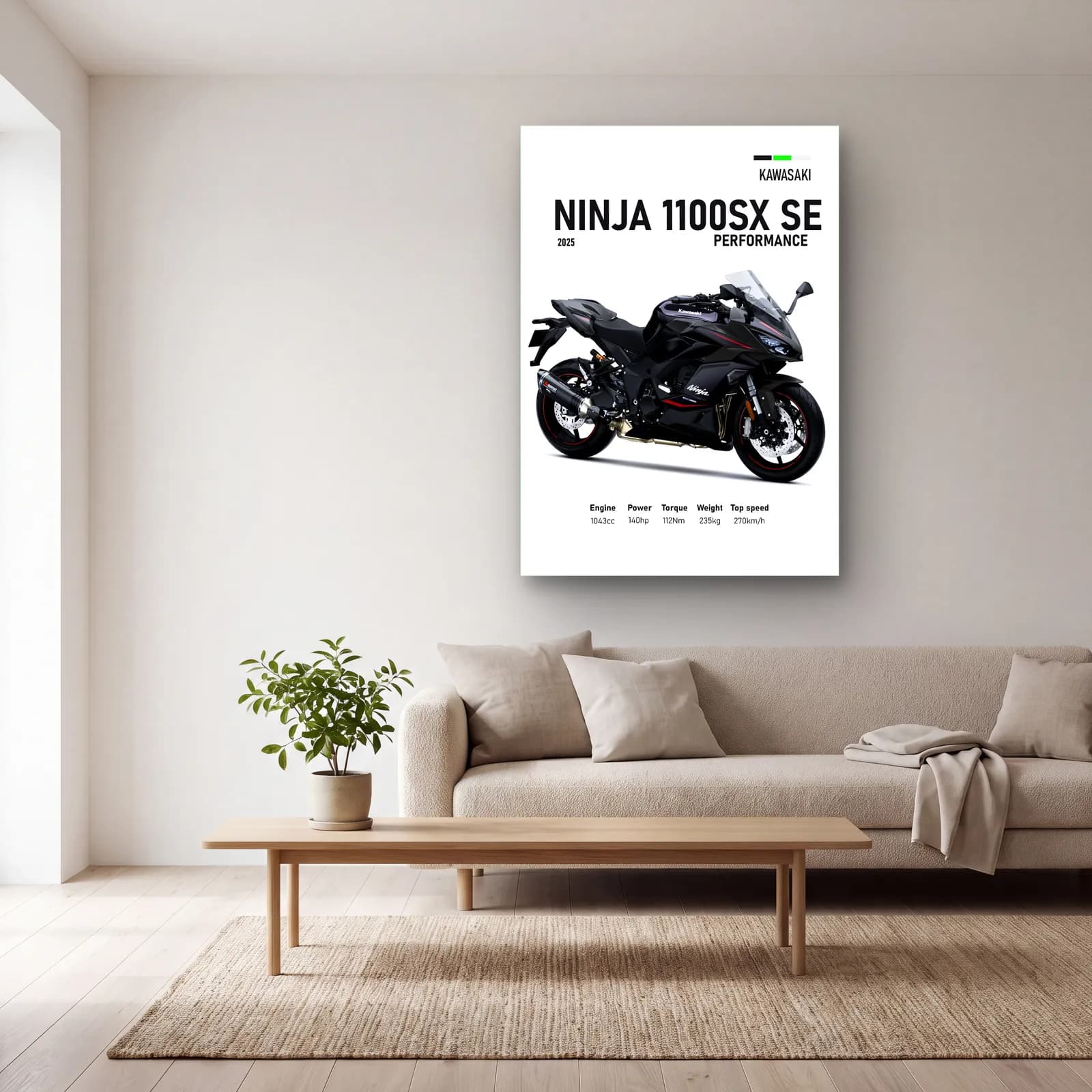 Kawasaki Ninja 1100SX SE Performance 2025 cam tablo — açık renk salonda
