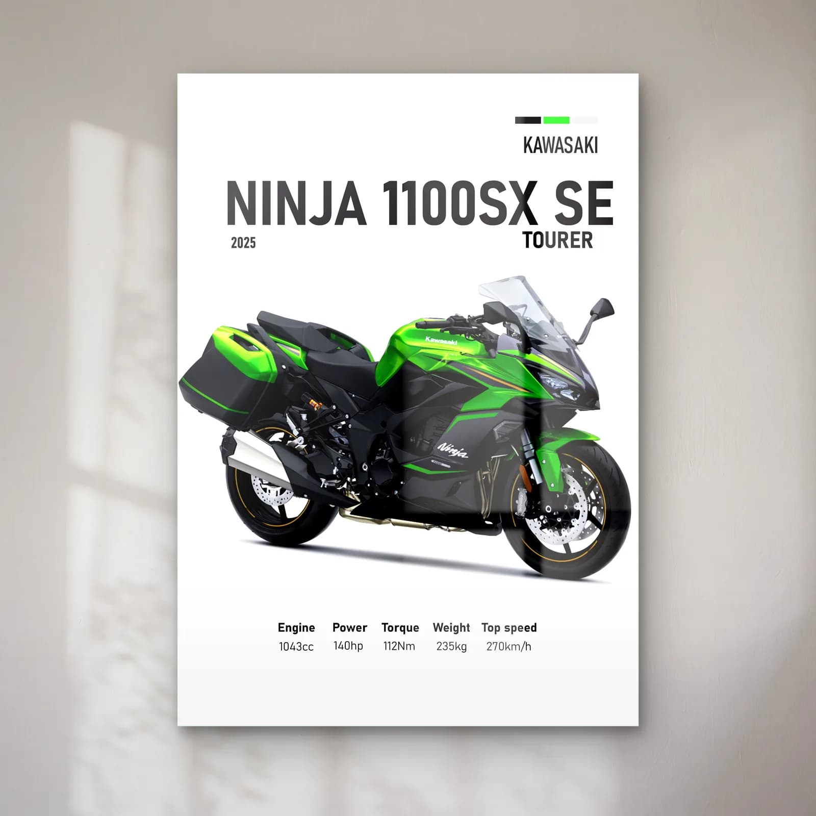 Kawasaki Ninja 1100SX SE Tourer 2025 cam tablo — Beyaz zeminde yeşil siyah Kawasaki Ninja 1100SX SE Tourer 2025 ve teknik veriler