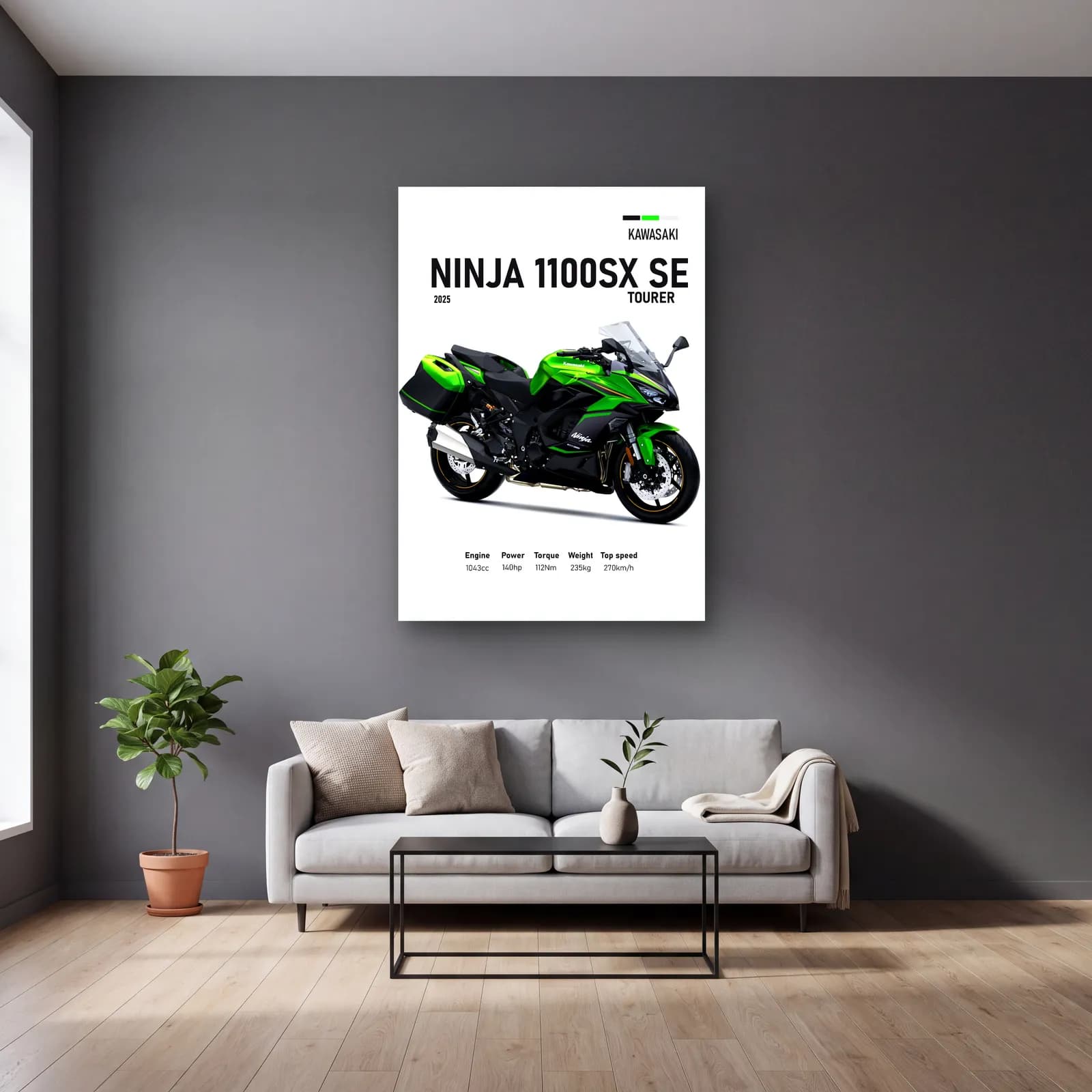 Kawasaki Ninja 1100SX SE Tourer 2025 cam tablo — gri duvarlı salonda