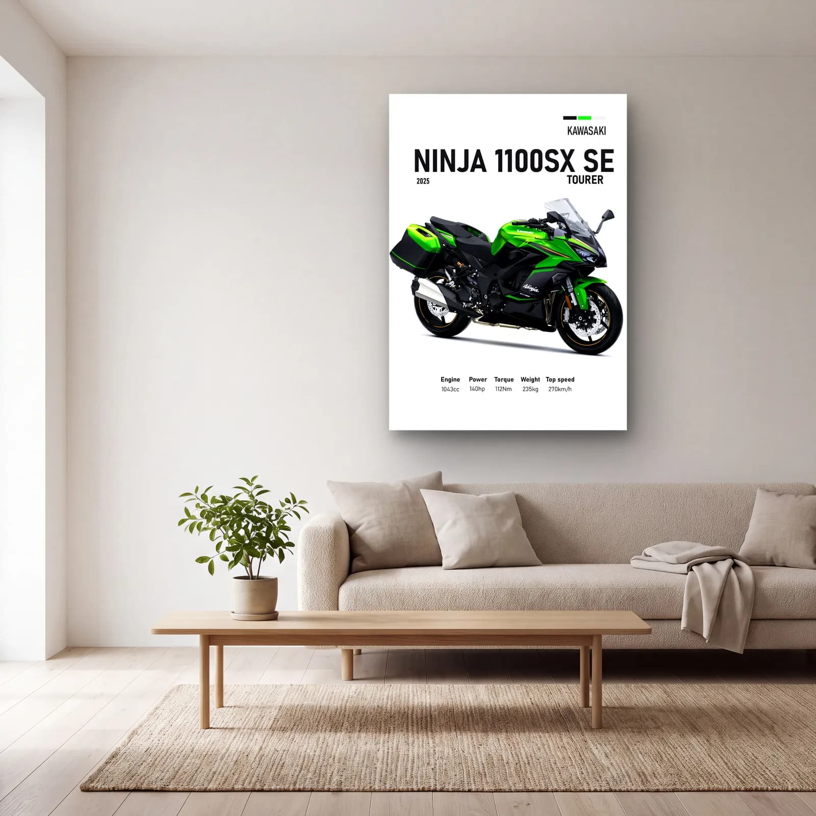 Kawasaki Ninja 1100SX SE Tourer 2025 cam tablo — açık renk salonda