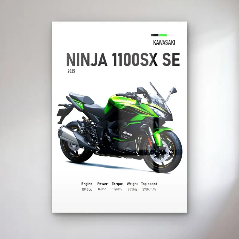Kawasaki Ninja 1100SX SE 2025 cam tablo — Beyaz zeminde yeşil siyah Kawasaki Ninja 1100SX SE 2025 ve teknik veriler
