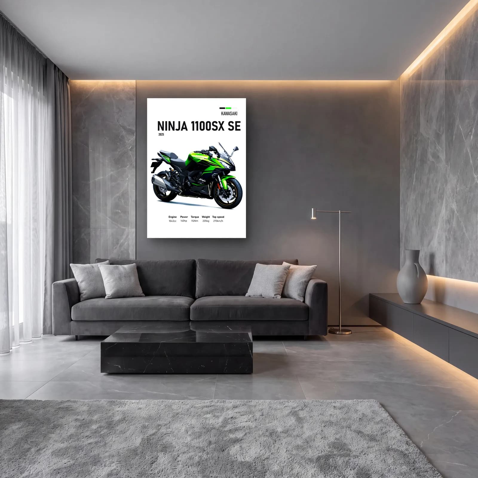 Kawasaki Ninja 1100SX SE 2025 cam tablo — lüks salon duvarında