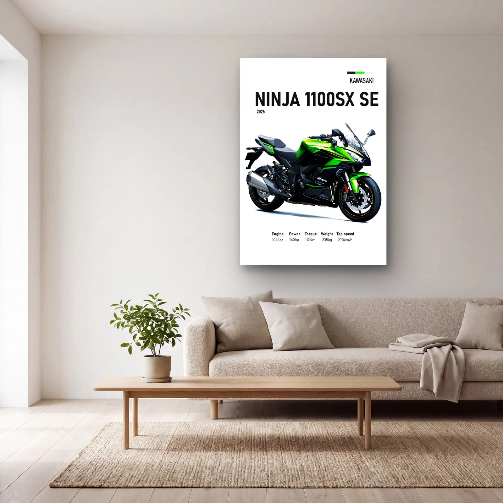 Kawasaki Ninja 1100SX SE 2025 cam tablo — açık renk salonda