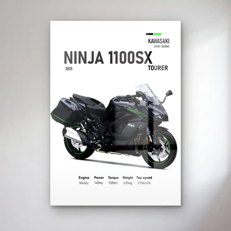 Kawasaki Ninja 1100SX Tourer 2025 cam tablo — Beyaz zeminde siyah gri Kawasaki Ninja 1100SX Tourer 2025 ve teknik veriler