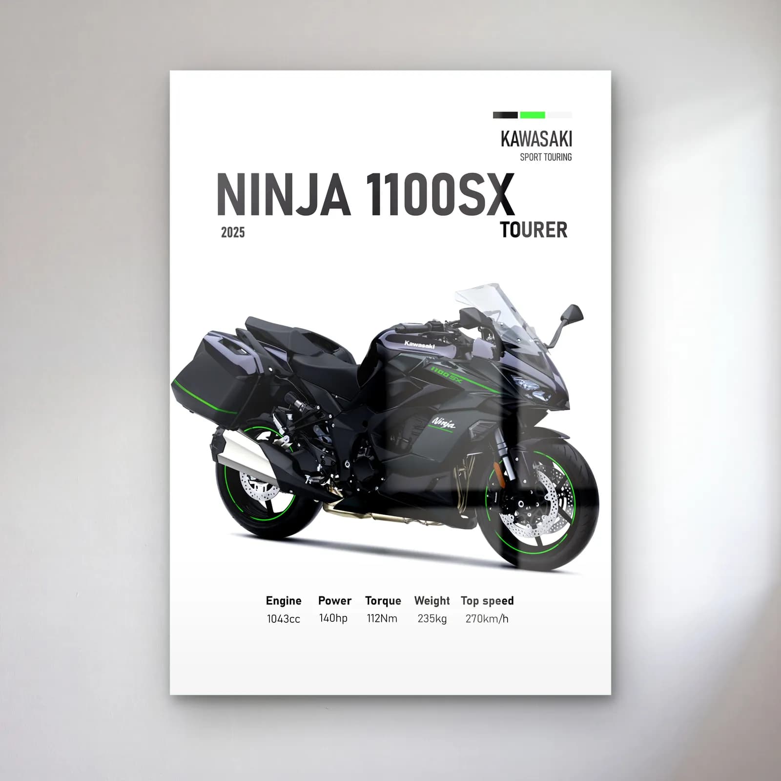 Kawasaki Ninja 1100SX Tourer 2025 cam tablo — Beyaz zeminde siyah gri Kawasaki Ninja 1100SX Tourer 2025 ve teknik veriler